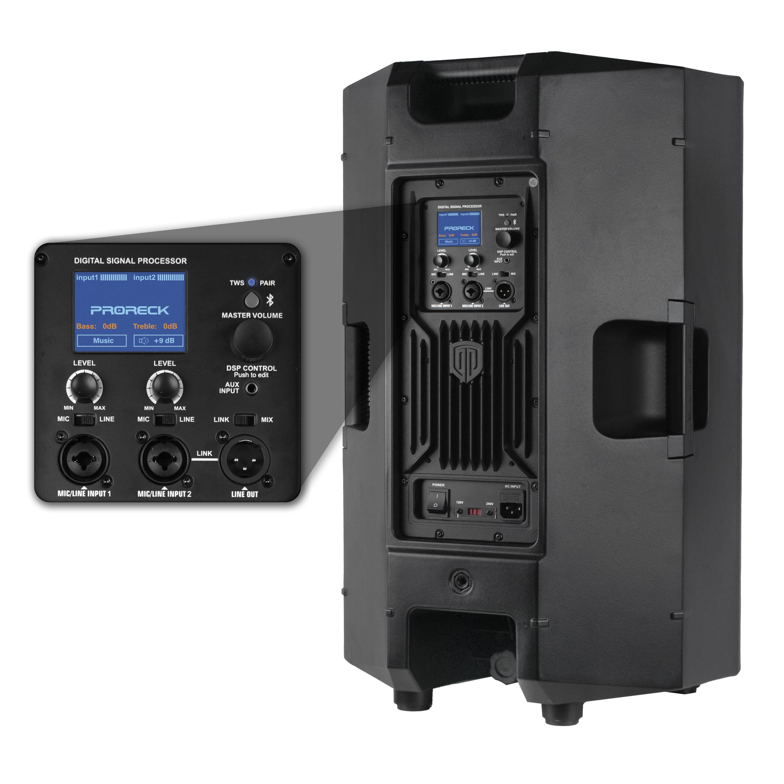 Proreck PR-915D 1500W Powered Bluetooth PA Speaker, 15-Inch 3-Channel DSP Speaker with Wireless TWS Pairing, for DJ, Live Sound, Party, and Stage Performance