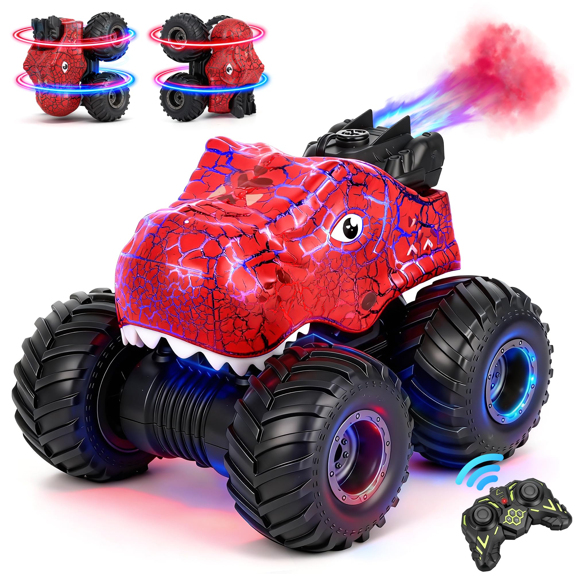Delycazy Voiture Télécommandée Dinosaure – 4 Roues Motrices, LED, Antidérapant, Pour Garçons 3-8 Ans (cadeau)