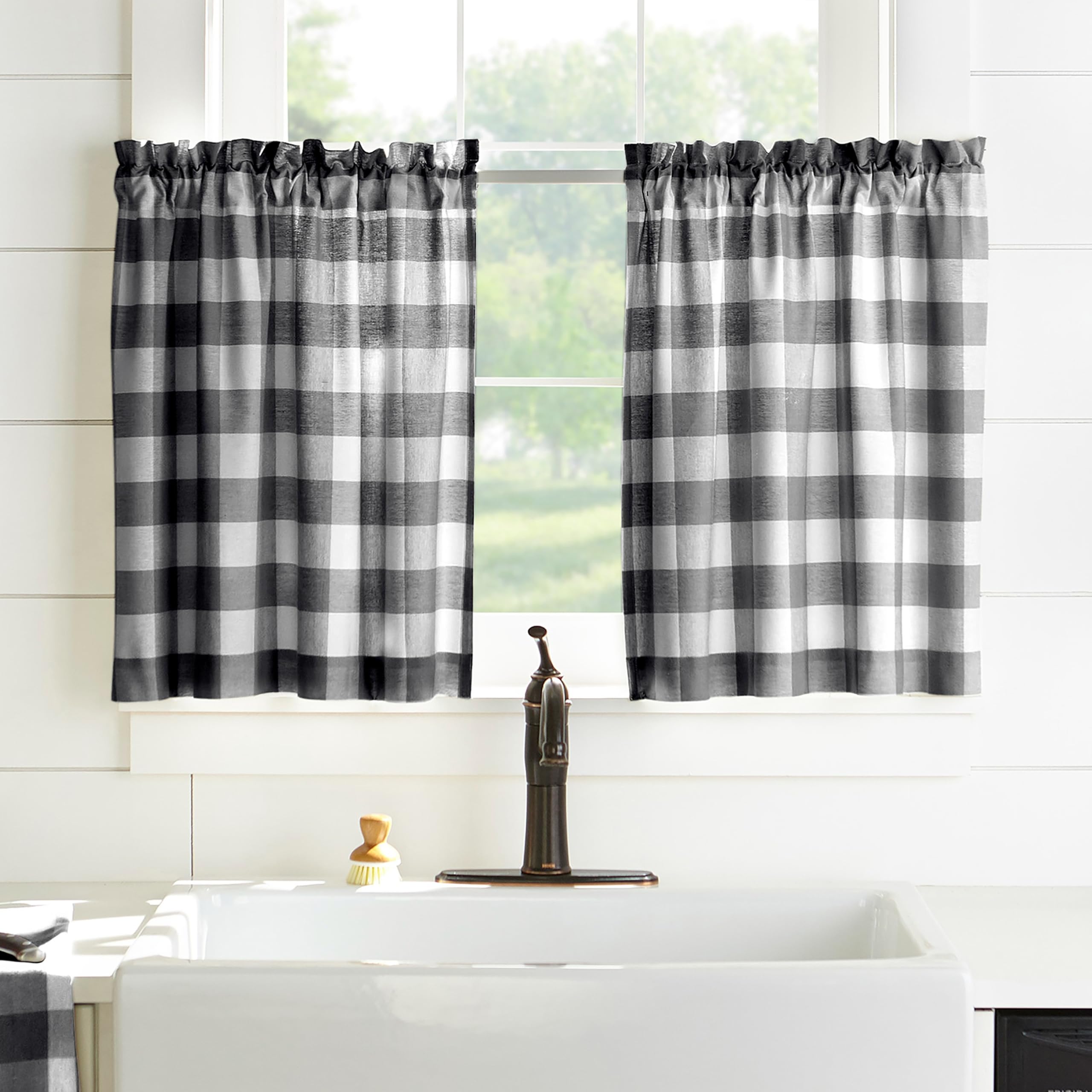 Elrene Buffalo zestaw poziomów kuchennych do okien, 100% bawełna, czarny/biały, 76 cm x 61 cm (zestaw 2 szt