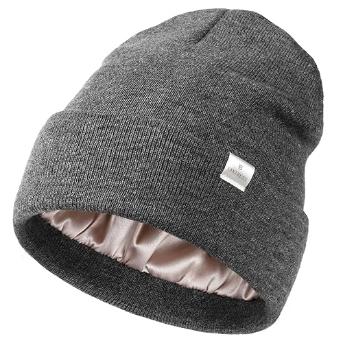 Satin Lined Knit Beanie Hat Acrylic Winter Hats for Women Men Silk Lining Soft Slouchy Warm Cuffed Beanie Hat