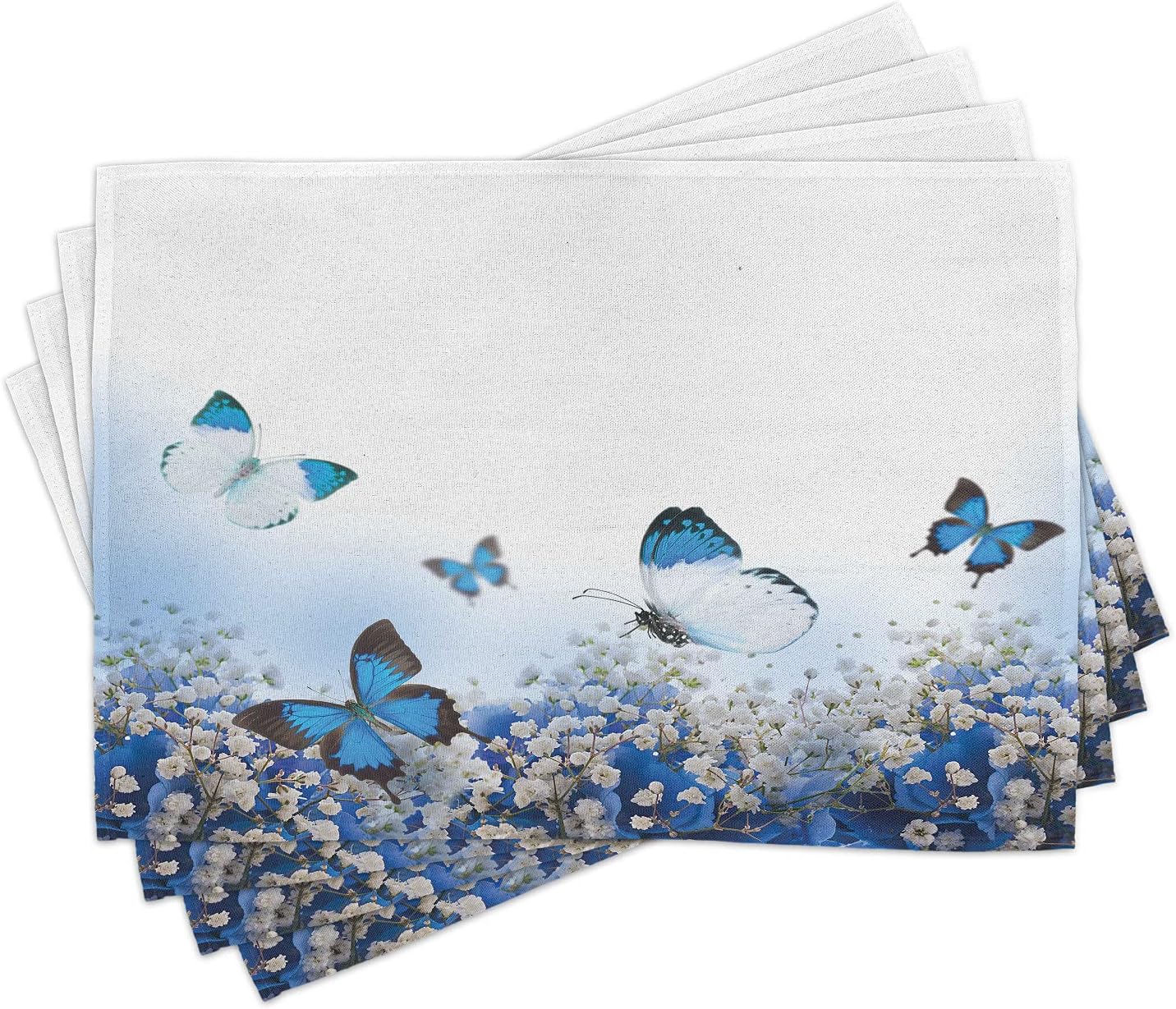 Lunarable Blue and White Place Mats Set of 4, Hydrangeas and Butterflies Rural Scenery Freshness Spring Yard Garden, Washable Fabric Placemats for Dining Table, Standard Size, Black White