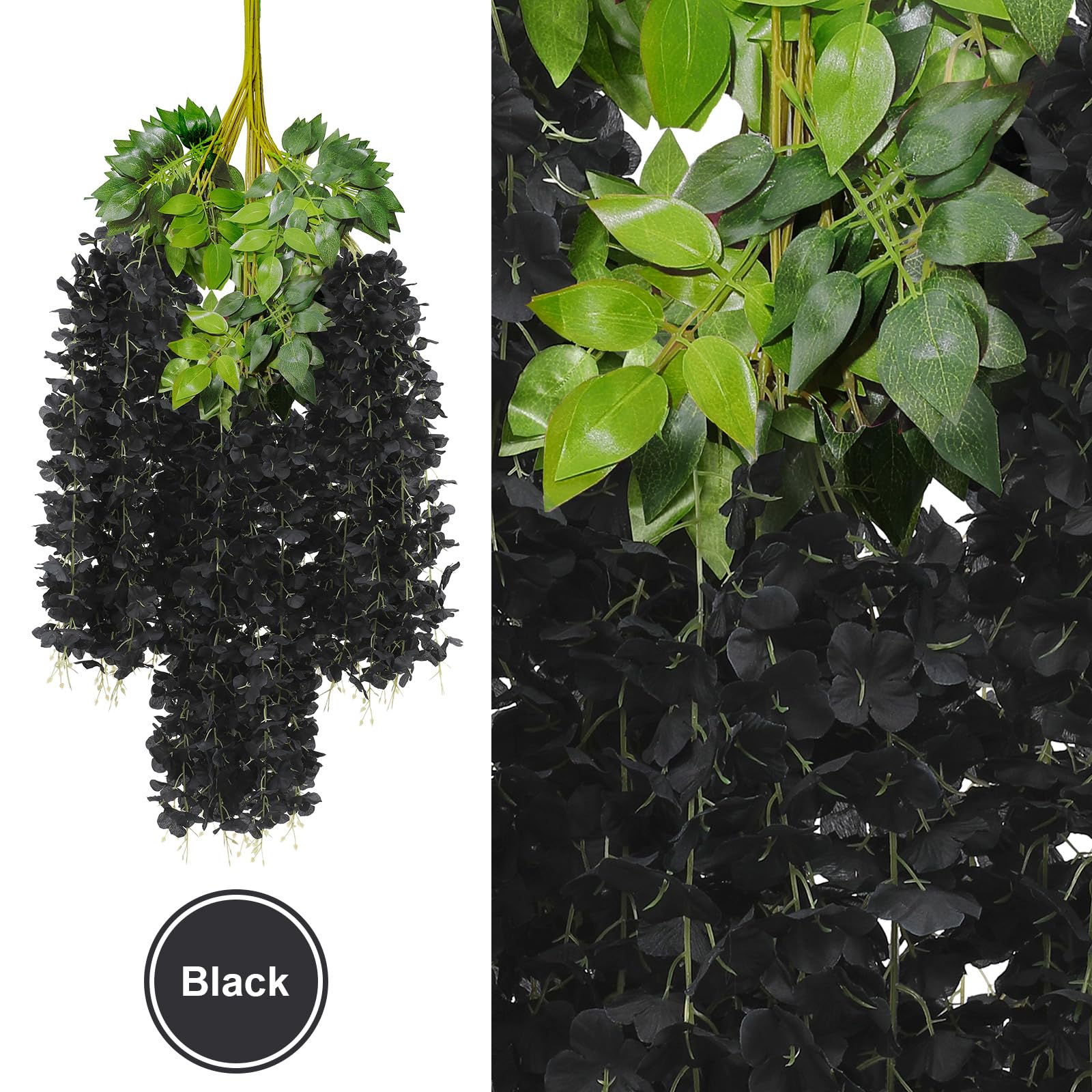 U'Artlines Künstliche Glyzinien-Ranken (2,20 m Gesamtlänge), Rattan-Girlande, zum Aufhängen, Seidenblumen, für Zuhause, Party, Hochzeit, Dekoration, 24 Stück, Schwarz