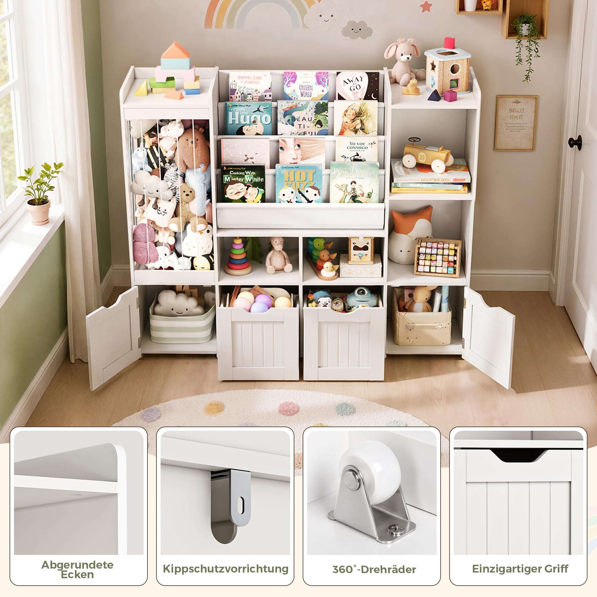 Pamapic Kinderregal, Bücherregal Kinder mit Kuscheltier Aufbewahrung, 2 Herausnehmbare Schubladen, Spielzeug Aufbewahrung mit 4 Offene Regale, Kinderzimmer Möbel für Kinderzimmer, 120x30x100cm, Weiß