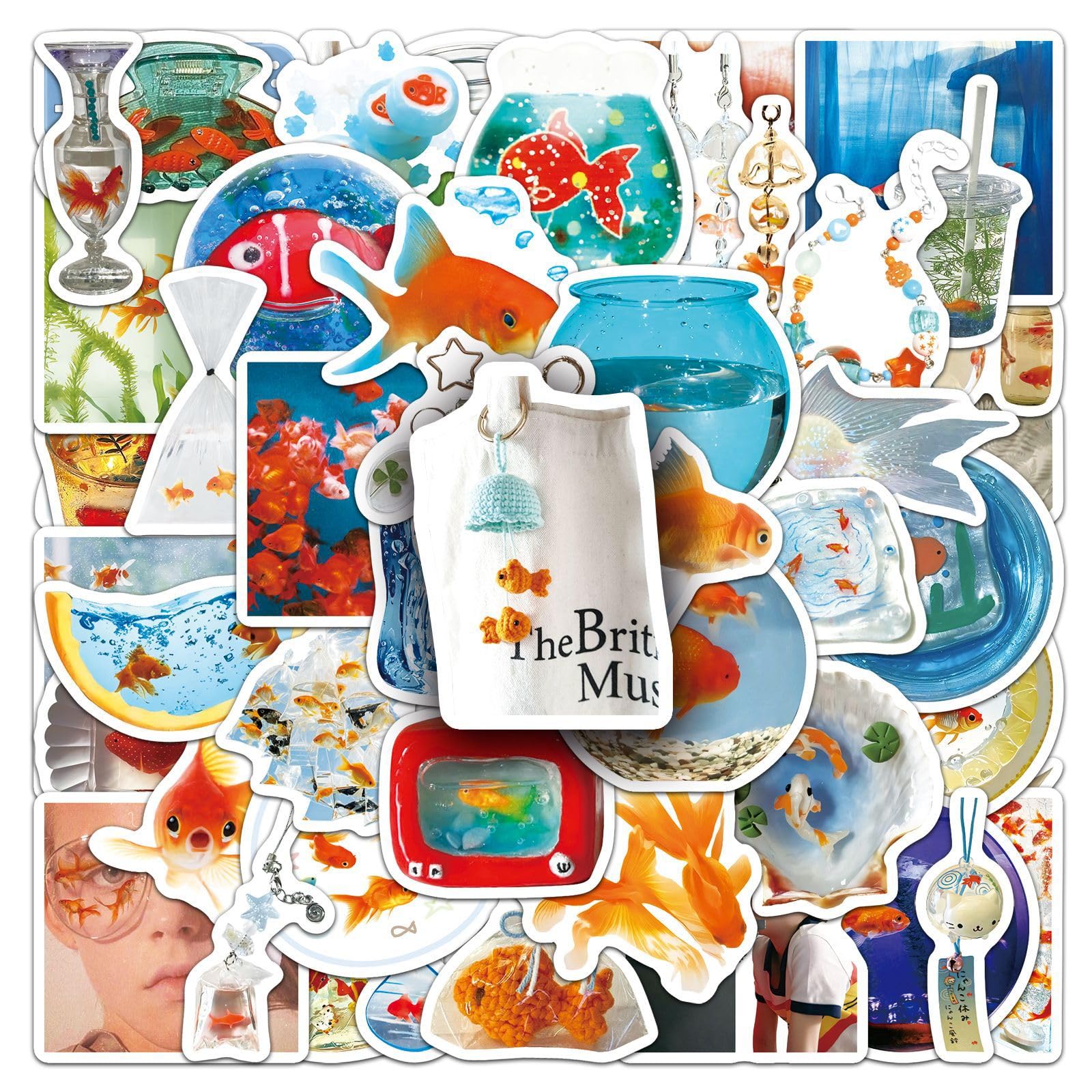 Goldfish Stickers 50 Pcs Waterproof Cute Cartoon Fish Sticker for Water Bottle Laptop Scrapbook Skateboard Car Bike Guitar Phone Notebook Luggage,Vinyl Funny Trendy Decals for Teens Kids