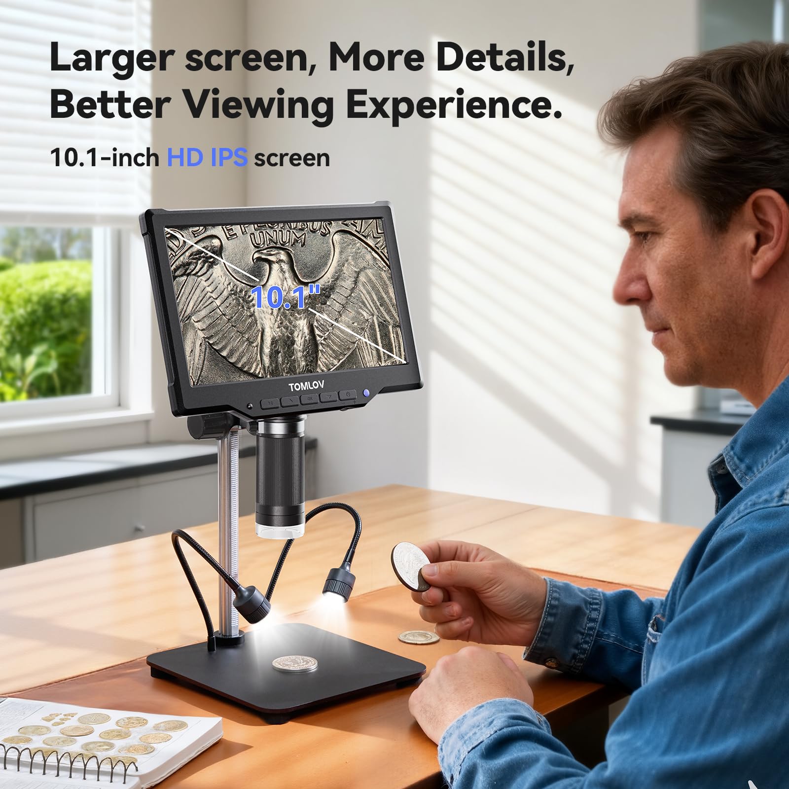 TOMLOV Microscopio digital DM10 de 10.1 pulgadas: 1080P 1200X HD IPS microscopio de monedas lupa para monedas de error con luz, microscopios de soldadura LCD de 16 MP para adultos con pantalla, vista