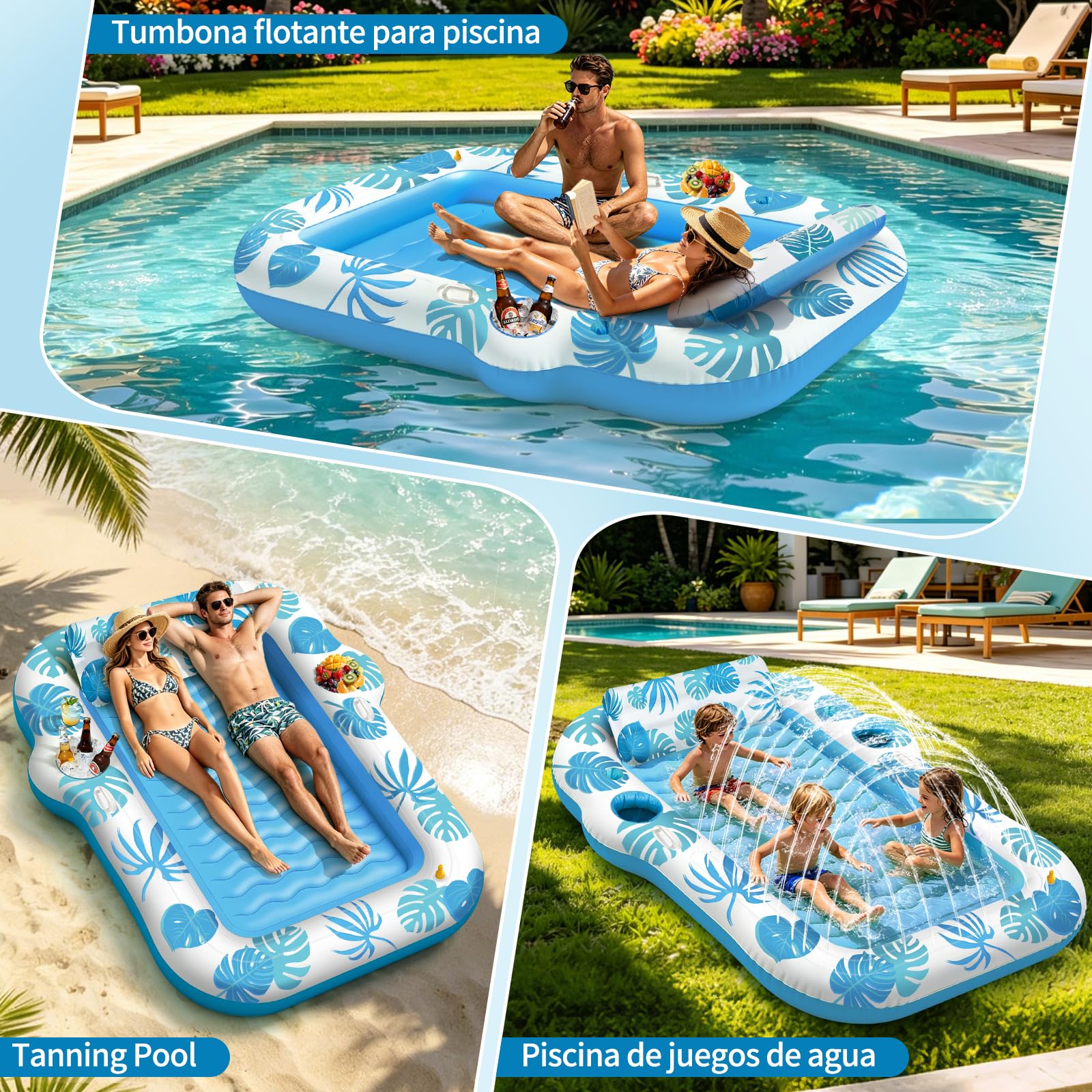 JONRRYIN Colchoneta Piscina Adultos 2 Personas, Tanning Pool 225×190 cm, Colchoneta Hinchable con Función de Rociado y 2 Portavasos, Hamaca Hinchable Flotador para Playa y Agua