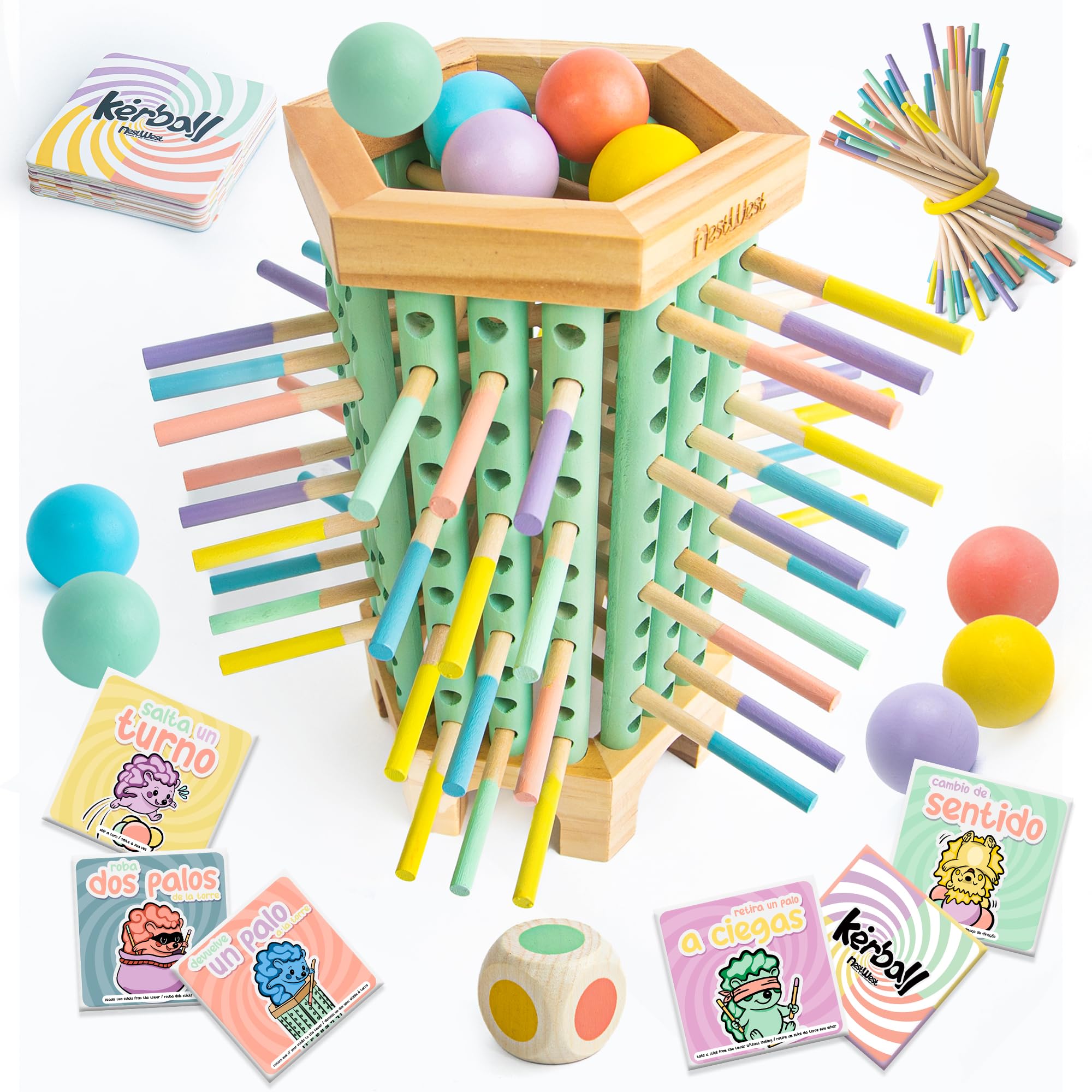 KERBALL – Montessori Toys 3 Years Wooden – Montessori Game 3 Years of Table 4-in-1 | Fine Motor and Strategy with Cards and Dice | Educational Gift Girl Boy 3 4 5 Years