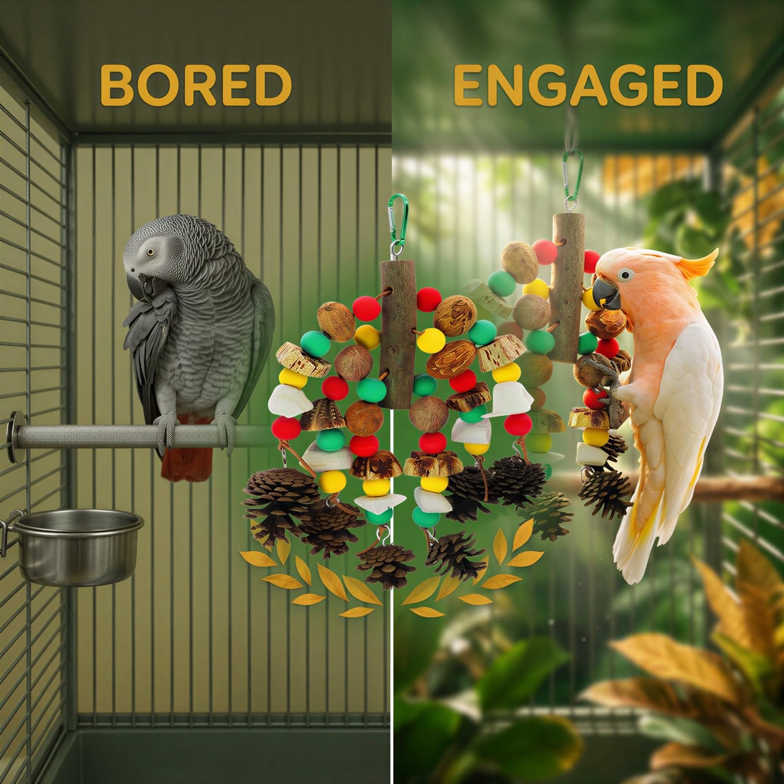 Jouets pour perroquets, jouet à mordiller en bois naturel pour cage, 11,81 x 8,66 po, avec os de seiche et pommes de pin, accessoire à suspendre pour oiseaux, pour cacatoès et perroquets gris