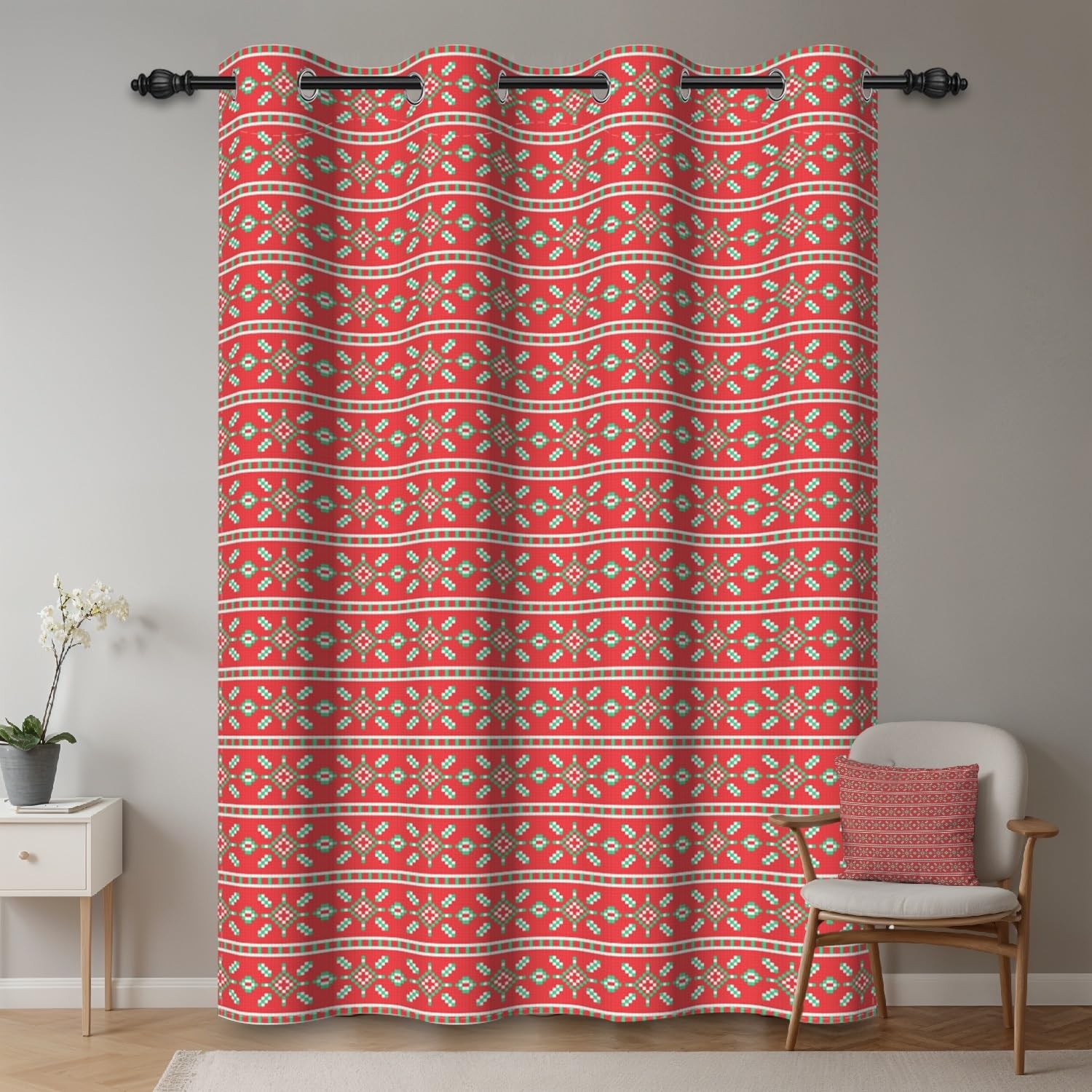 ggaimwf 42"x 63" Vintage Geometric Pattern Eyelet Curtain Red Green Snow Winter Grommet Room Dividers Blackout Window Drapes for Christmas Decoration Girls Boys Bedroom Living Room,1-Single Panel - Image 2