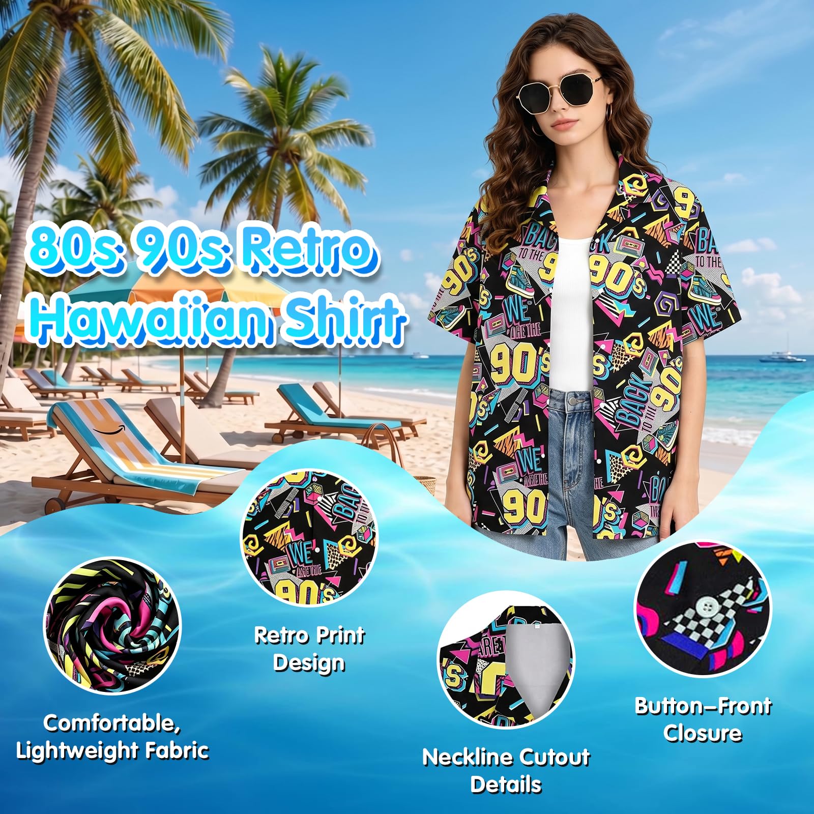 Abbigliamento hawaiano, da donna, a maniche corte, estivo e occhiali da sole, anni '90, per casual, vacanze, carnevale