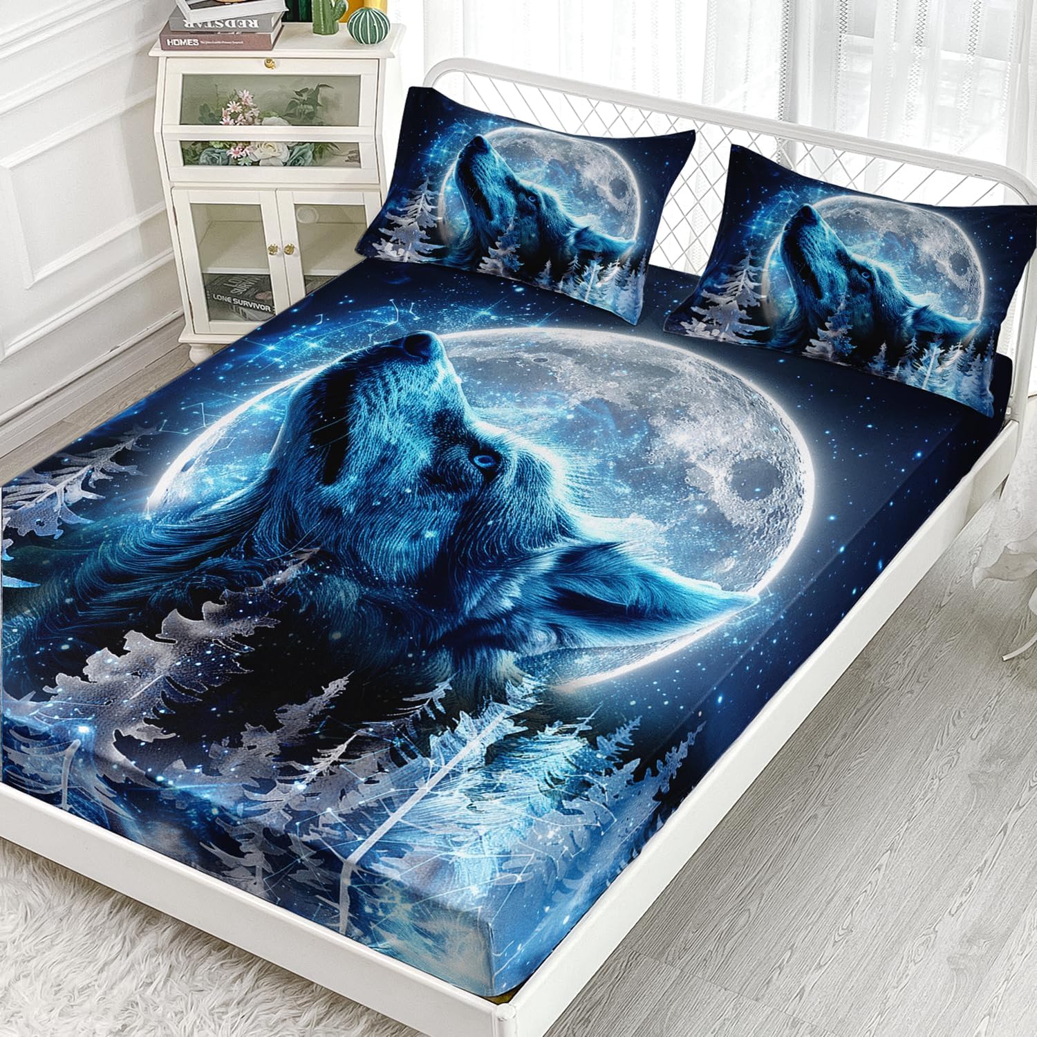 AILONEN Boys Wolf Fitted Sheet Set Queen, Blue Starry Moon Bed Sheet Set for Kids & Teens, Ice Howling Wolf Forest Printed Wildlife Kids Soft Fitted Sheet with 2 Pillowcases, 3Pcs