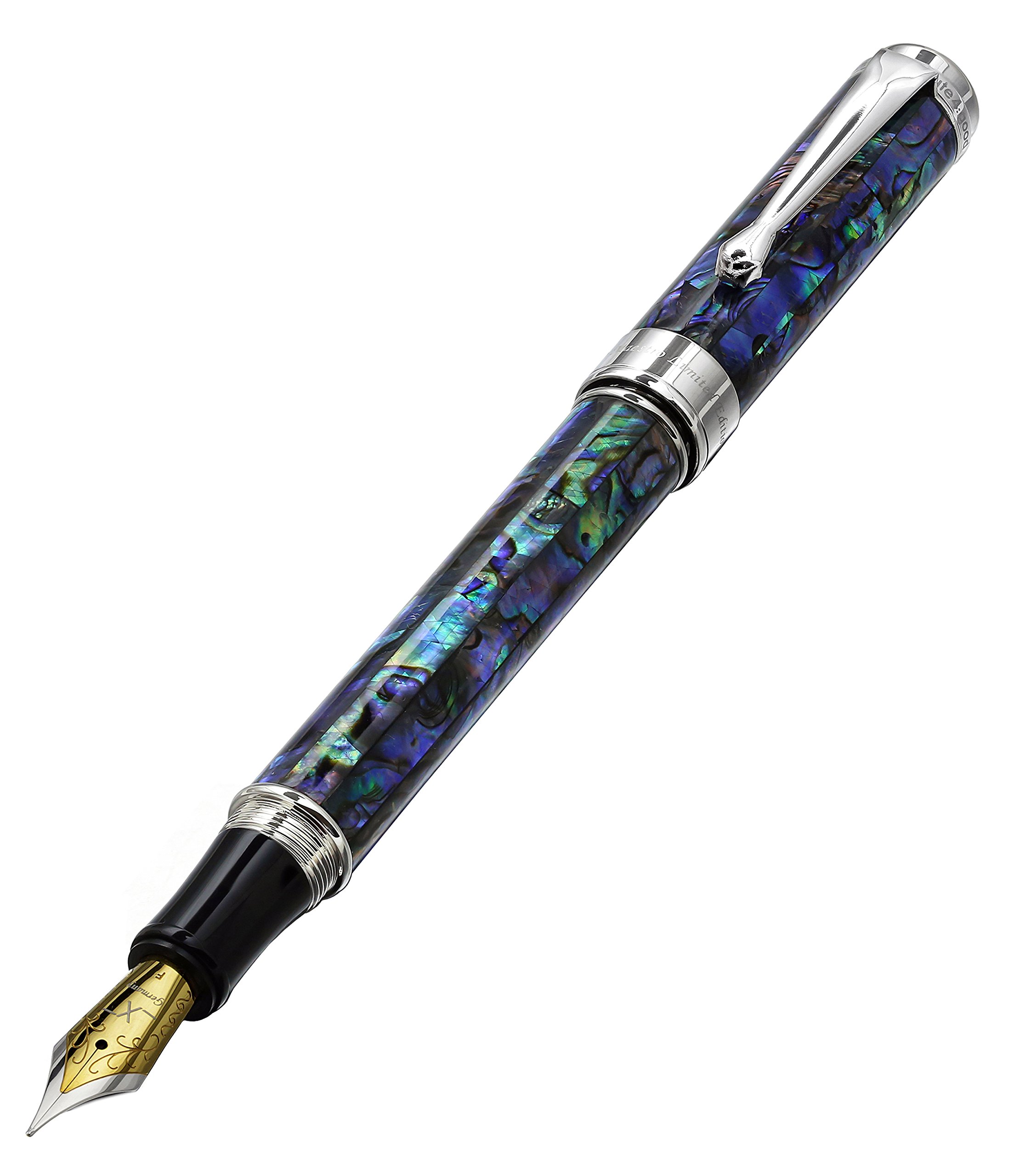 Maestro Fountain Pen, Fine Nib. Natural Abalone Sea Shell with Pure Platinum Plating. Handcrafted, Limited Edition, Serialized