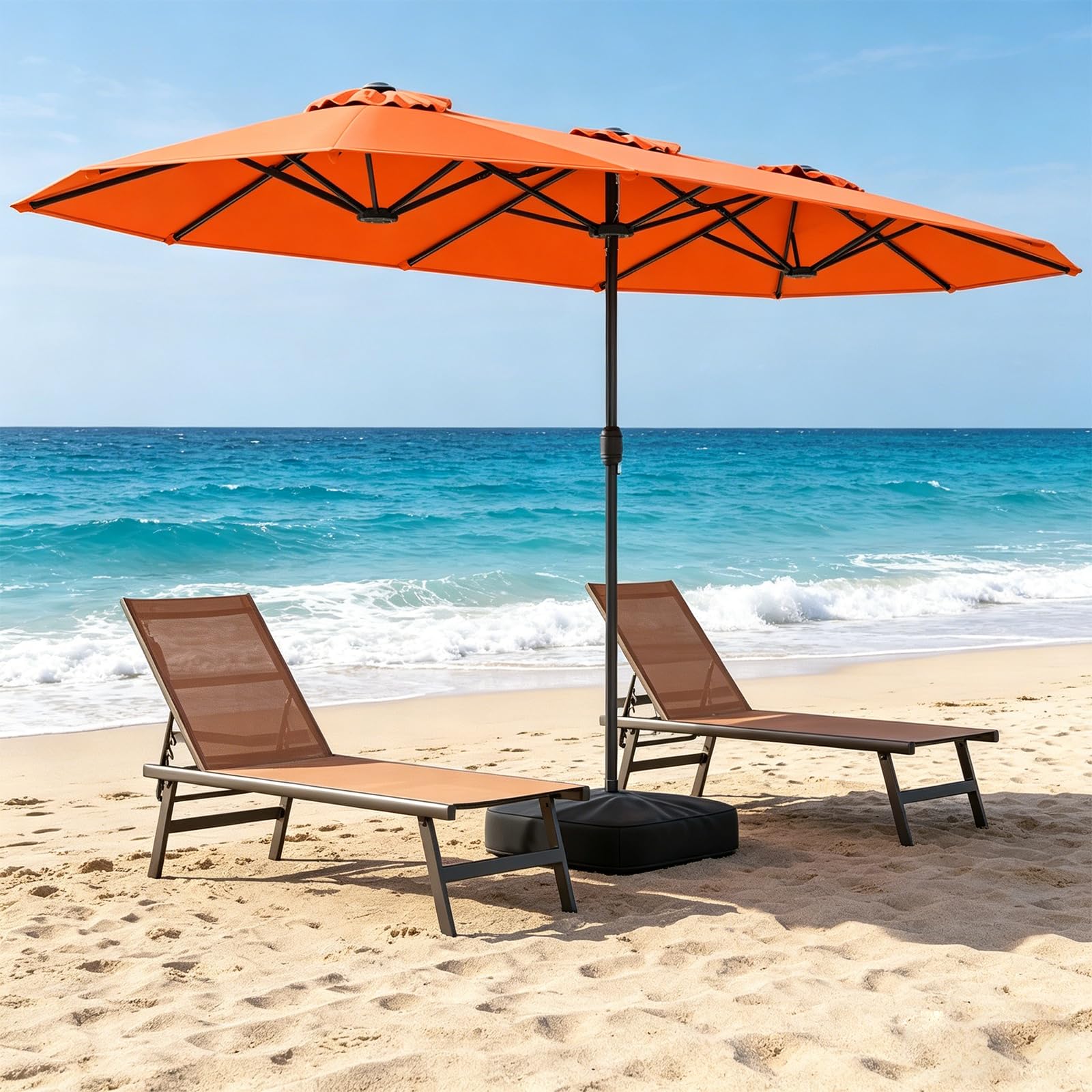 RELAX4LIFE Grand Parasol de Jardin Exterieur avec Pied, 4x2M Parasol Double pour Terrasse/Piscine/Marché, 12 Baleines Renforcées, Manivelle, Protection Solaire pour 6-8 Personnes (Orange)