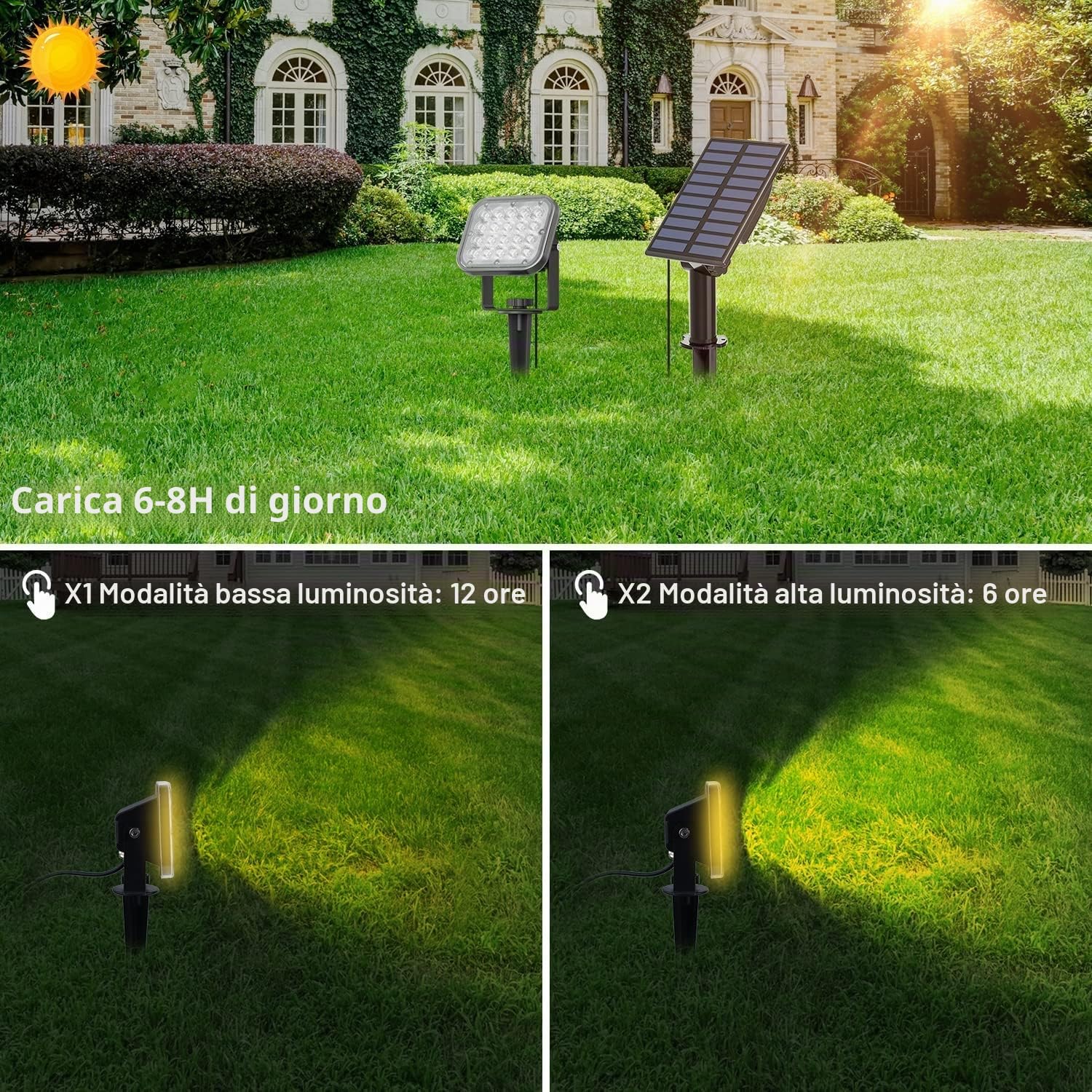 NATPOW Faretti Solari a Led da Esterno, 3000K Luci Solari da Giardino, 2 Modi, Automaticamente Acceso o Spento, Impermeabile IP65 Luci Esterne ad Energia Solare per Cortile, Patio, Alberi, 2 Pezzi