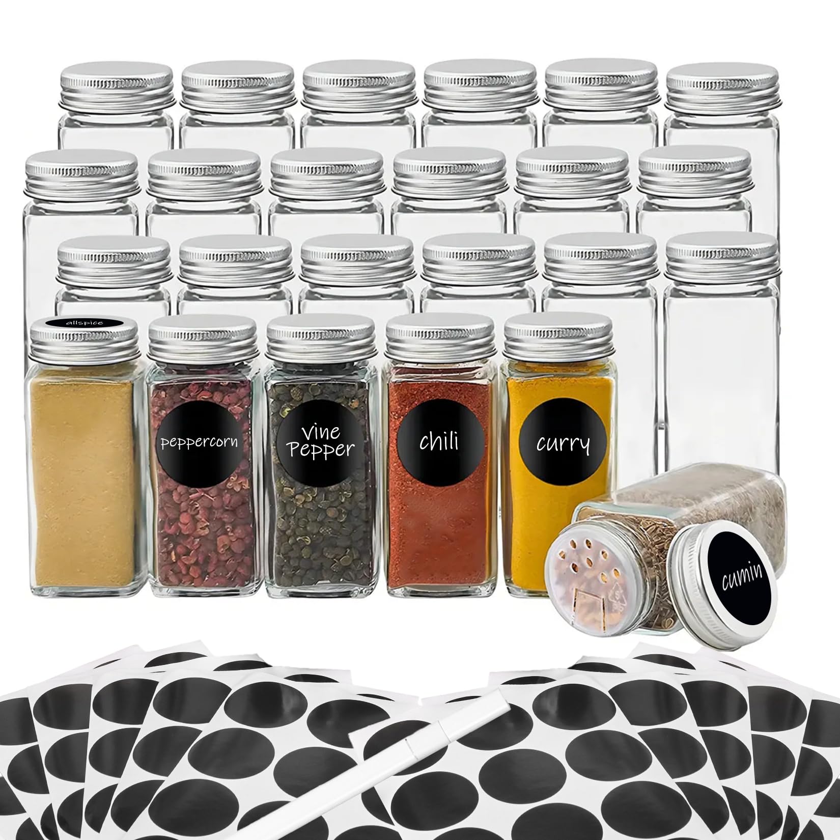 24Pcs Spice Jars with Label, 4oz Empty Square Seasoning Containers, Spice Jars with Shaker Lids, Small Spice Bottles for Salt, Herbs, Sugar, Pepper,
