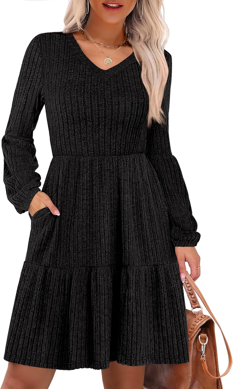 ANRABESS Women's Long Lantern Sleeve Ribbed Knit Dresses V Neck Casual 2025 Fall Winter Flowy Swing Tunic Sweater Short Dress