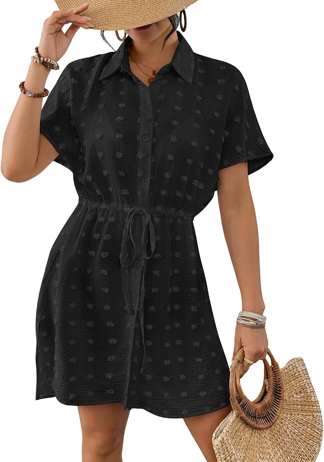 Bsubseach Women's Swimsuit Coverup Swiss Dot Button Down Drawstring Beach Shirt Dress 2026 Resort Wear Bathing Suit Cover Up