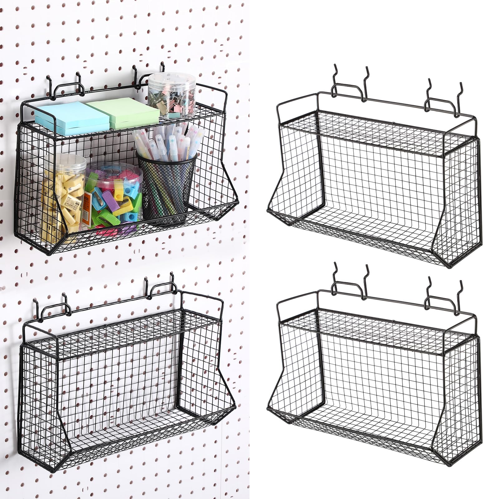 4 Pcs Metal Pegboard Baskets Bins Set Multiple Size Black Metal Wire Shelves Hooks To Pegboard For Storage Organize Tools, Workbench, Accessories, Garage Wall Mount Organizer Attachments - View #7