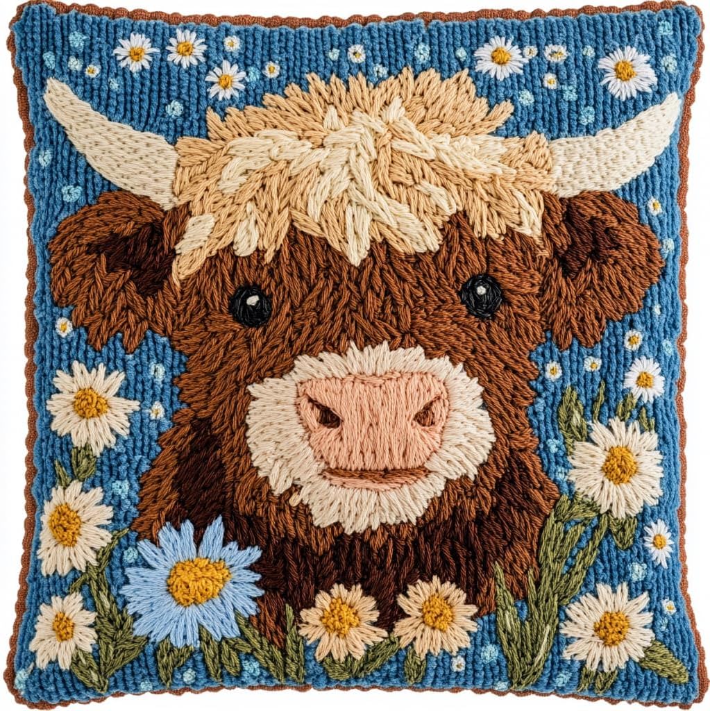 DIY Punch Needle Pillow Kit Cute Highland Cow Daisy Flowers with Pattern and Hoop Handmade Embroidery Punch Needle Starter Pillowcase Set for Home Sofa Decor 43x43cm-1-32