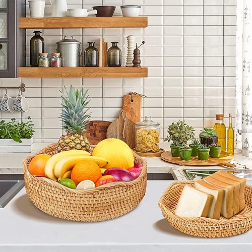 Miniatura 5 de Whalehub Cuencos redondos de ratán natural, cestas de servir decorativas tejidas a mano, almacenamiento de mimbre para comedor (onda-mediano)