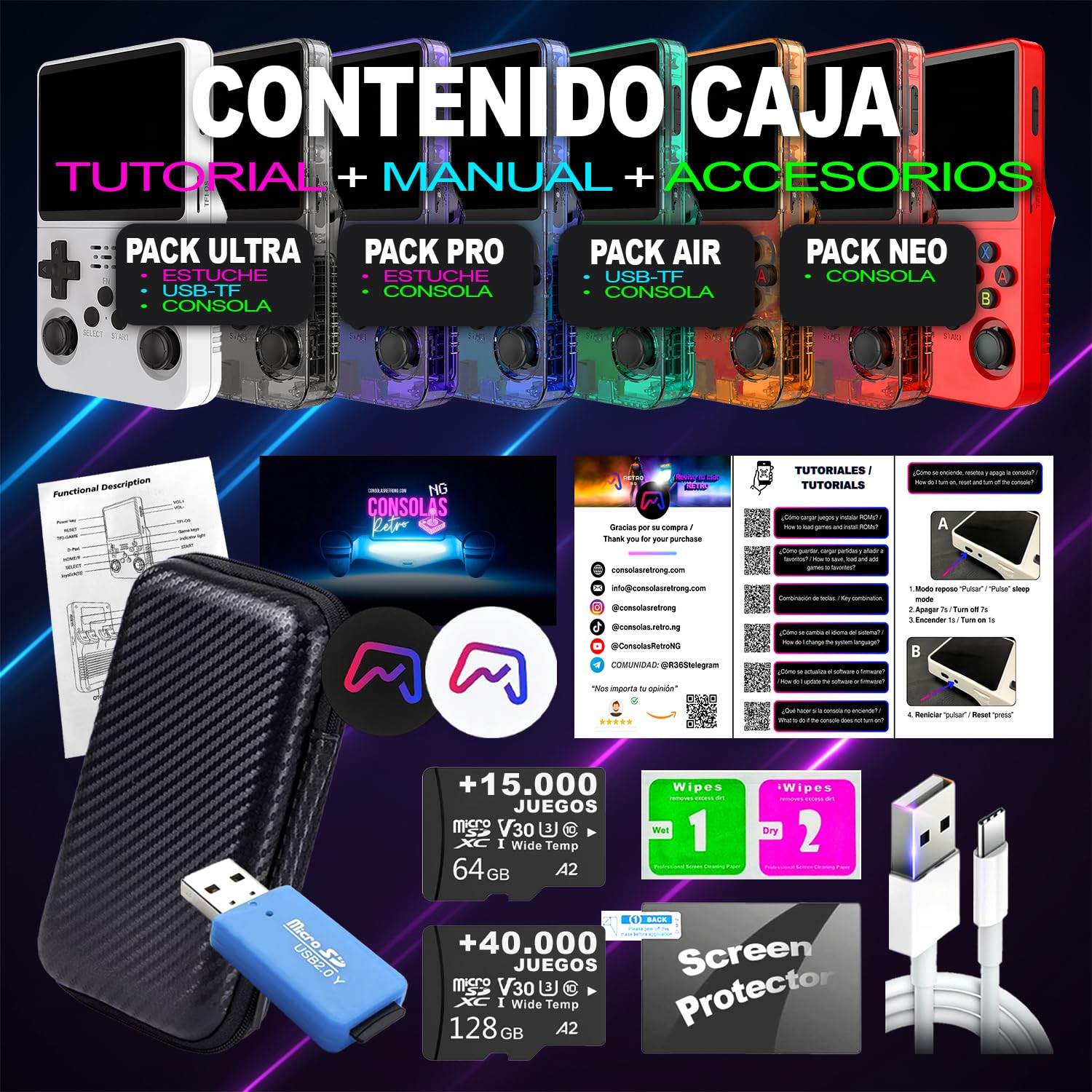 SVP Game R36S - Consola Retro Portátil con Estuche y Lector TF-USB, Original 2026, Compatible con 40.000 Juegos, Panel IPS 3.5”, Linux, x2 Ranuras TF, Bat. 3500 mAh (Blanco, 128, GB, Pack Ultra)