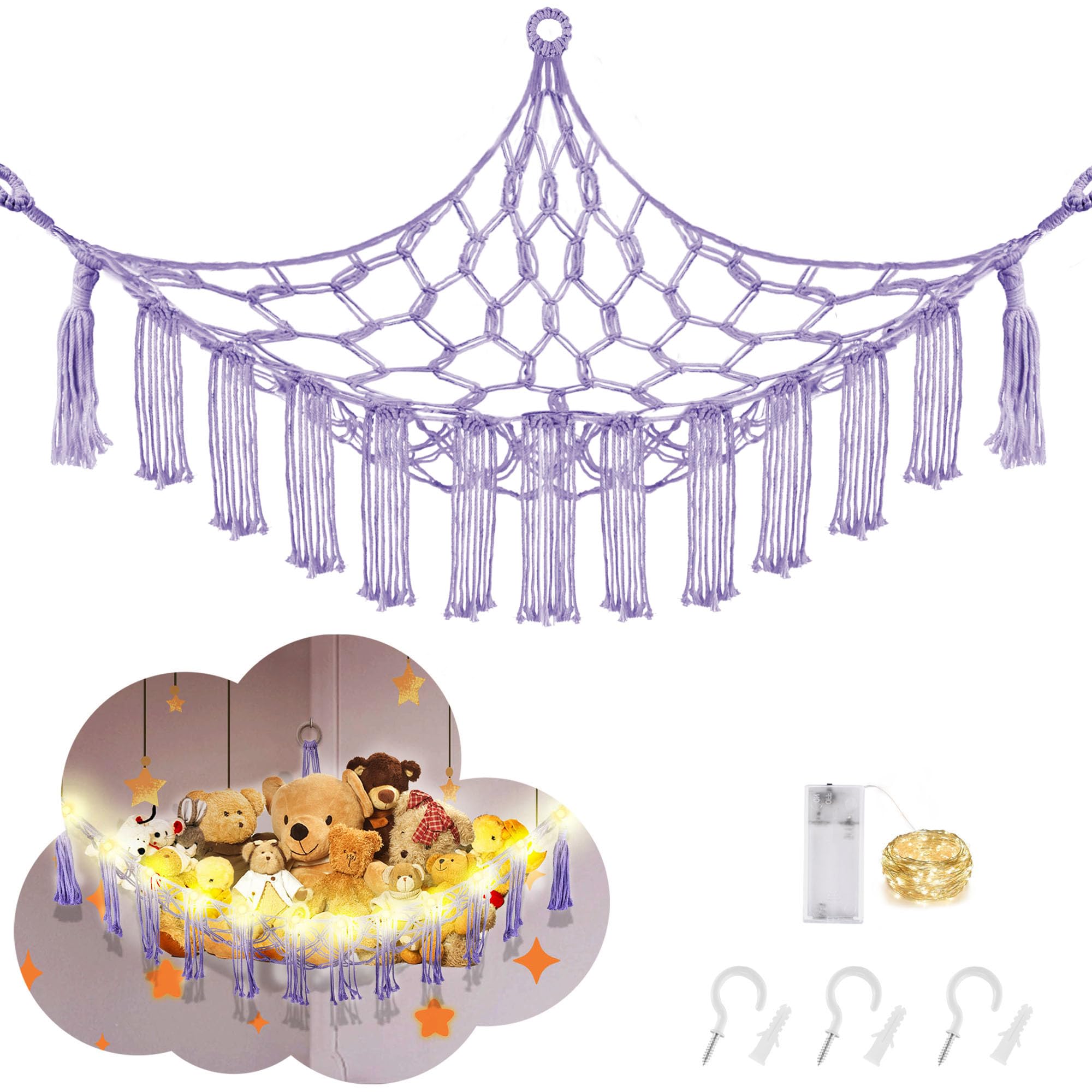CERETIA Stuffed Animal Hammock Large Corner Plushie Net Storage, Purple