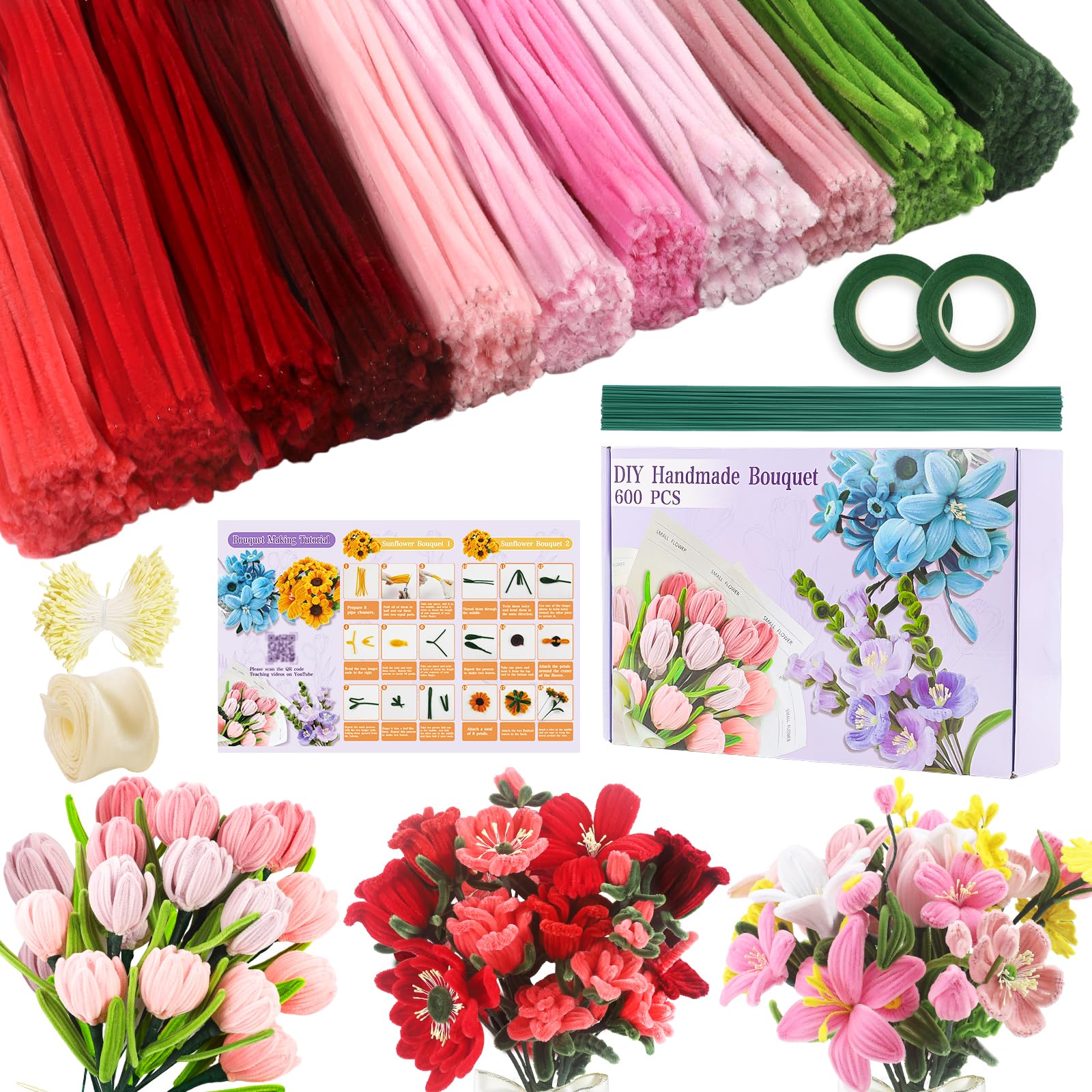 Lot de 600 cure-pipes artisanaux, 11 couleurs assorties, tiges chenille pour fabrication de fleurs avec fils floraux, ruban de jardinage, étamines et ruban