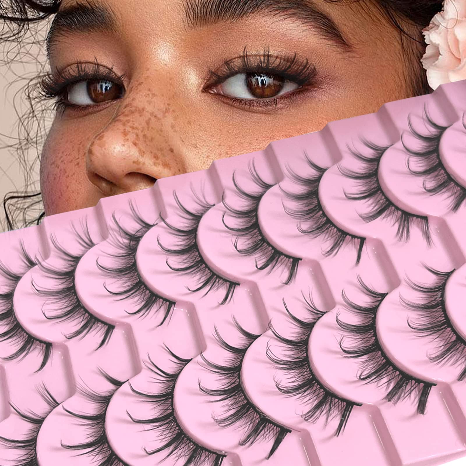 SEMATA 10 Pairs Manga Lashes Natural Look Faux Mink Lashes Asian False Lashes Wispy 3D Fake Eyelashes 14MM