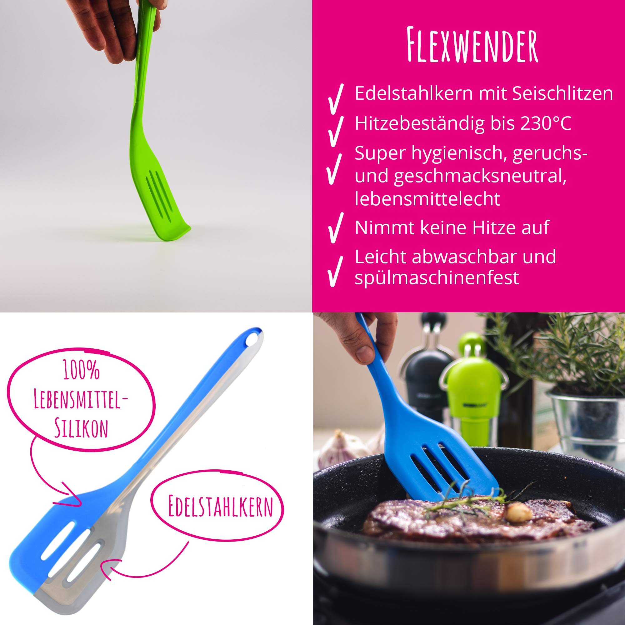 Kochblume Küchenhelfer Set, 5-teilig, Flexwender, Saucenlöffel, Schaumlöffel, Pastalöffel, Schöpflöffel | Premium Premium-Silikon & BPA freimit Edelstahlkern (rot)