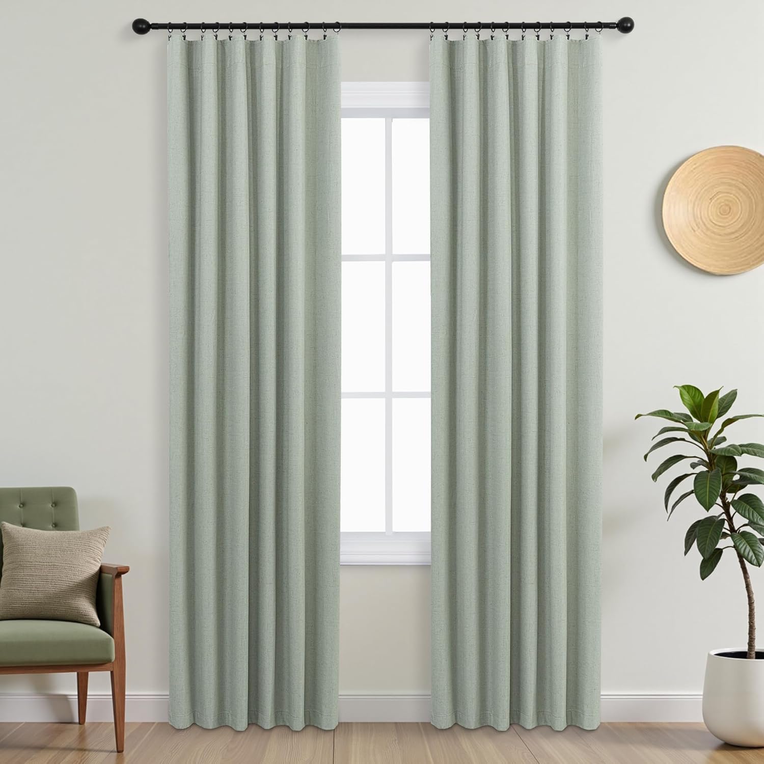 Mrs.Naturall Sage Green Boho Slub Linen Blackout Curtains 84 Inches Long, Back Tab Spring Cottage Core Curtain for Bedroom Living Room
