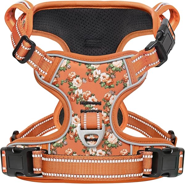 HEELE Harnais Réfléchissant Anti-Traction pour Moyen Grand Chien avec Poignée Rembourrée, 1 Boucle sur la Sangle de Cou Droite pour Un Dégagement Rapide, Floral-Orange, M - 1