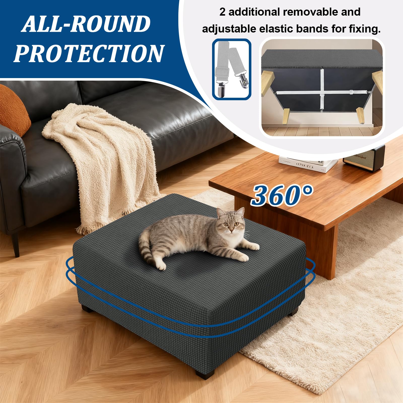 Copri Pouf Elasticizzato Jacquard Quadrata/Rettangolare, Fodera Per Poggiapiedi Copertura Ottomana Lavabile Coprisgabello Con 2 Cinghie (Grey,1pc Square XL)