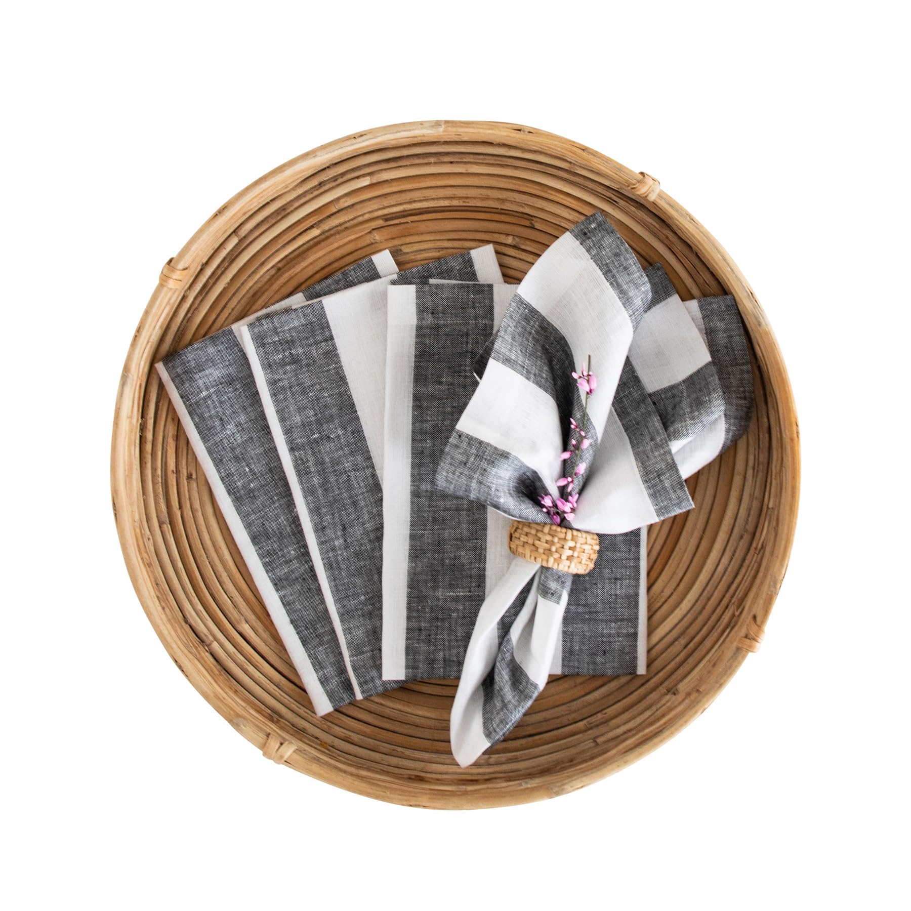Solino Home Linen Napkins Set of 4-100% Pure Linen Cabana Stripe Black and White Cloth Dinner Napkins 20 x 20 Inch for Mothers Day - Handcrafted and