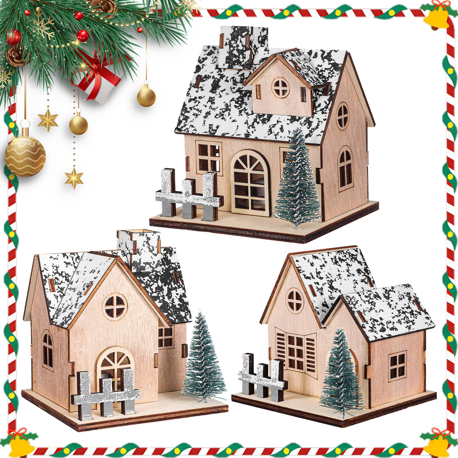 UPKOCH 3 Piezas Casas Iluminada Luces de Madera, Navideñas Led Pueblo de Decoración Rústica Festivas y Diseño Tradicional y Funcionalidad para Cenas Talleres Creativos