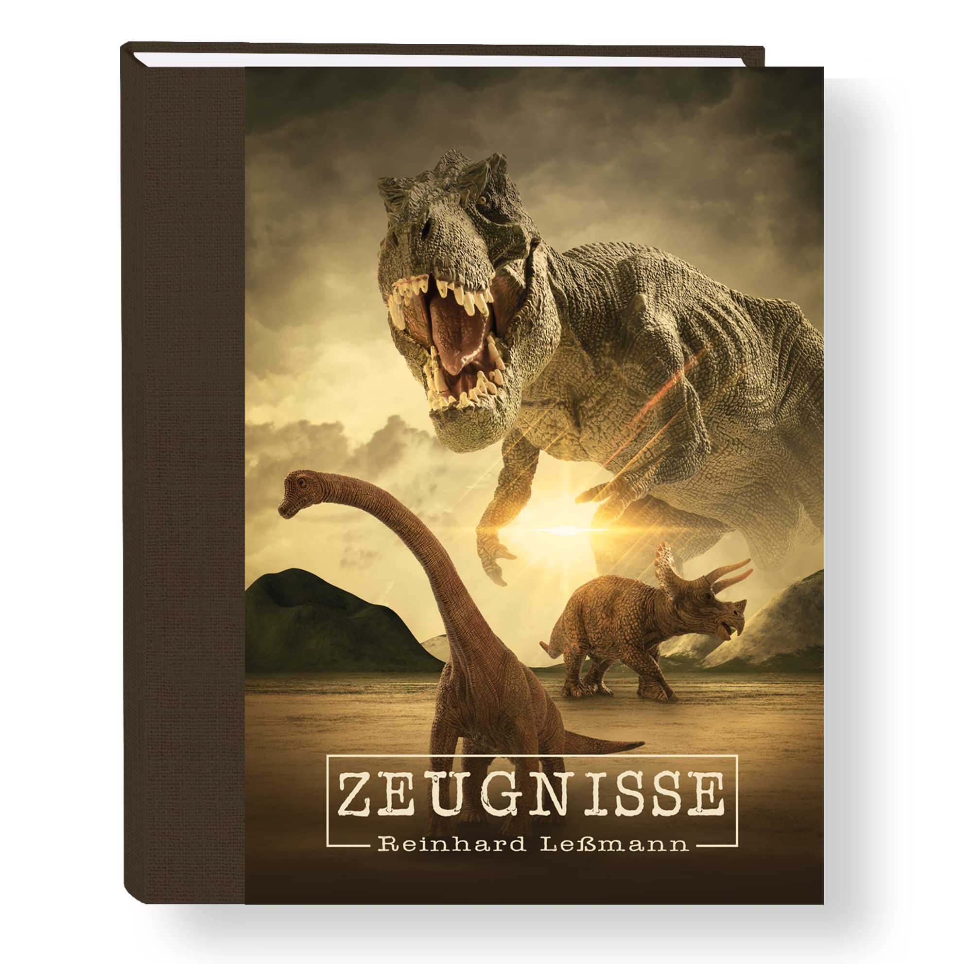 Zeugnismappe personalisiert mit Namen Dinosaurus A4 ca. 31x24 cm braun Zeugnisbuch Tyrannosaurus Rex Urkundenmappe Einschulung Schulanfang