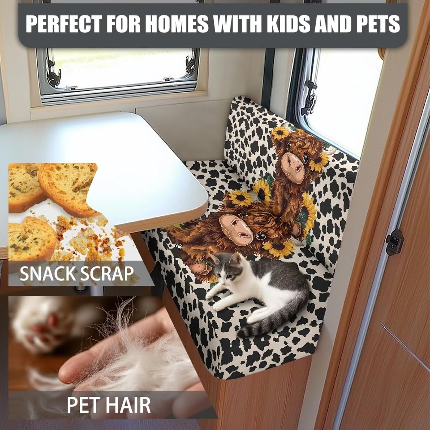 Cow Print RV Couch Covers for Sofa Bed 2-Piece Cute Highland Cow RV Beach Seat Covers for Dinette Camper Cushion Covers Stretch Washable Couch Cover Slip Covers for RV Furniture