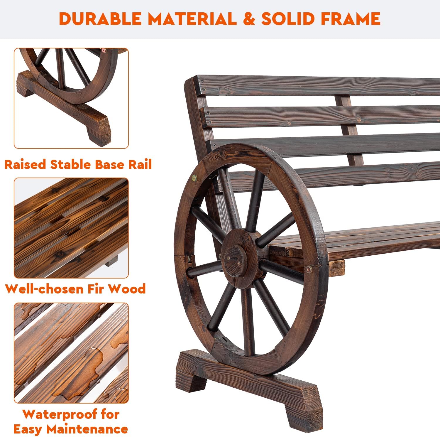 Wagon Wheel Bench, Wooden Outdoor Bench 2-Person Seat, Rustic Patio Benches with Backrest for Porch, Garden Brown 19.7inchD x 41.3inchW x 30.3inchH