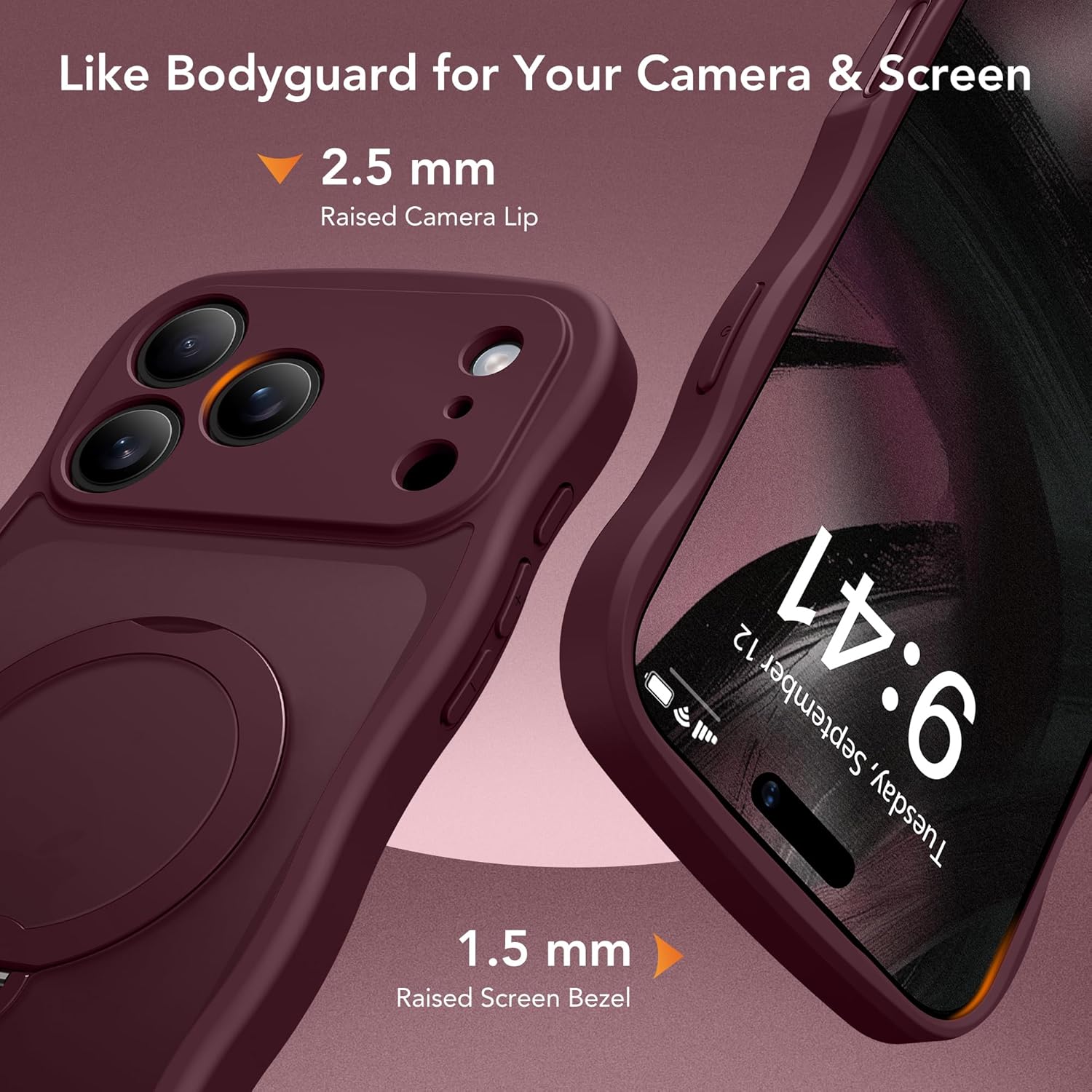 GolbinBox for iPhone 17 Pro Case for Women,[Compatible with Magsafe][360° Spin Magnetic Stand][Cute Wave Edge][Military-Grade Protection] Translucent Matte Phone Case for iPhone 17 Pro, Wine Red - Image 8