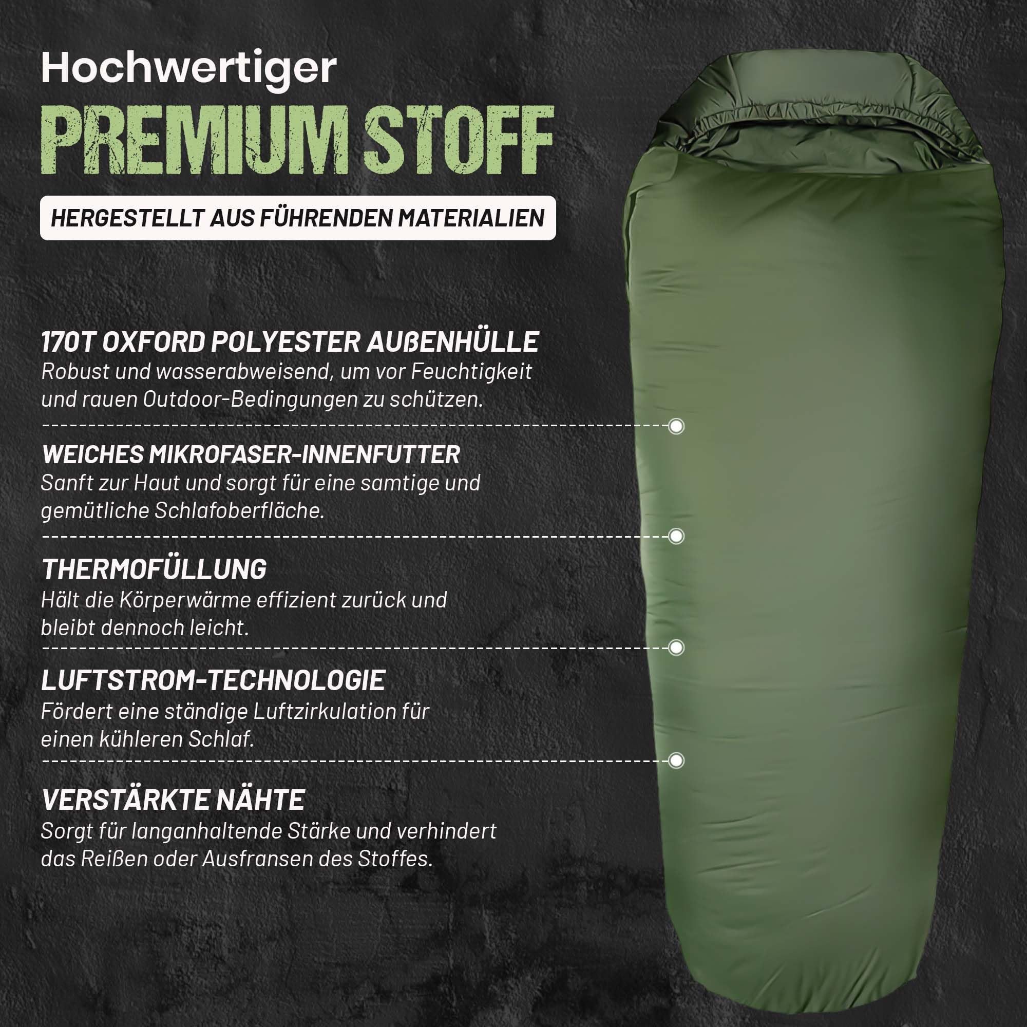 Mumien-Schlafsack Thermo 3-Jahreszeiten High-Tech Mikrofaser Schlafsack bis -13°C; Leicht, Kompakt, Warm (Olivgrün)