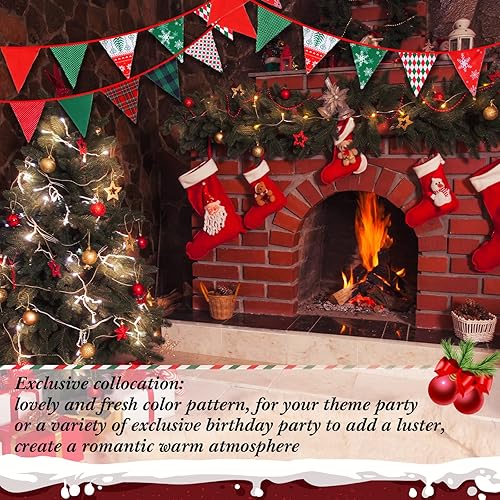 Miniatura 6 de Tatuo Banderines de tela de Navidad de 40 pies, banderines de tela roja, verde y blanca, banderines triangulares, banderines vintage, 42 unidades,