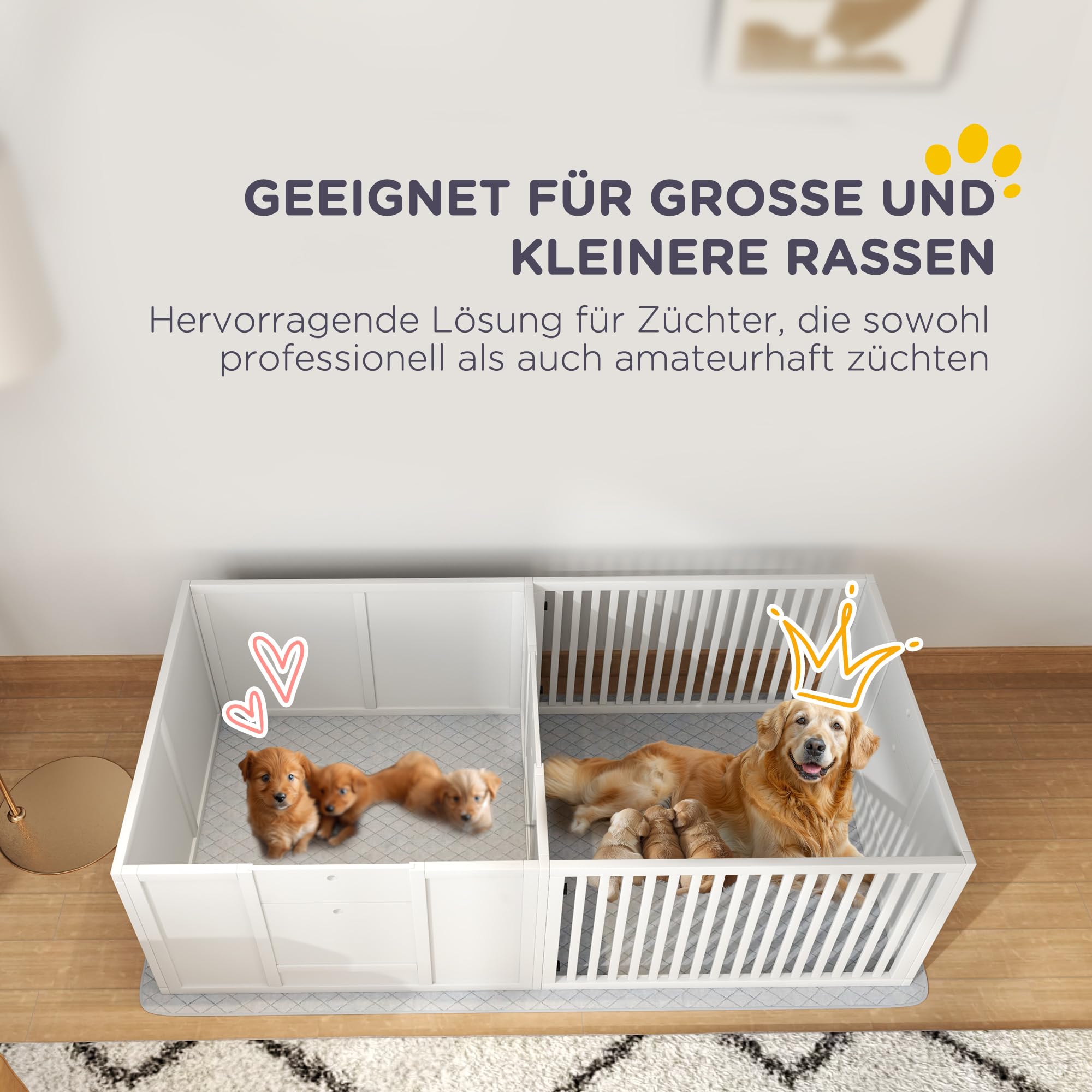 PawHut Wurfkiste für Welpen Wurfbox mit Tür Große Hunde 166x80x50 cm Weiß | Welpenlaufstall, Wasserdichte Bodenmatte, Hundelaufstall Welpenauslauf