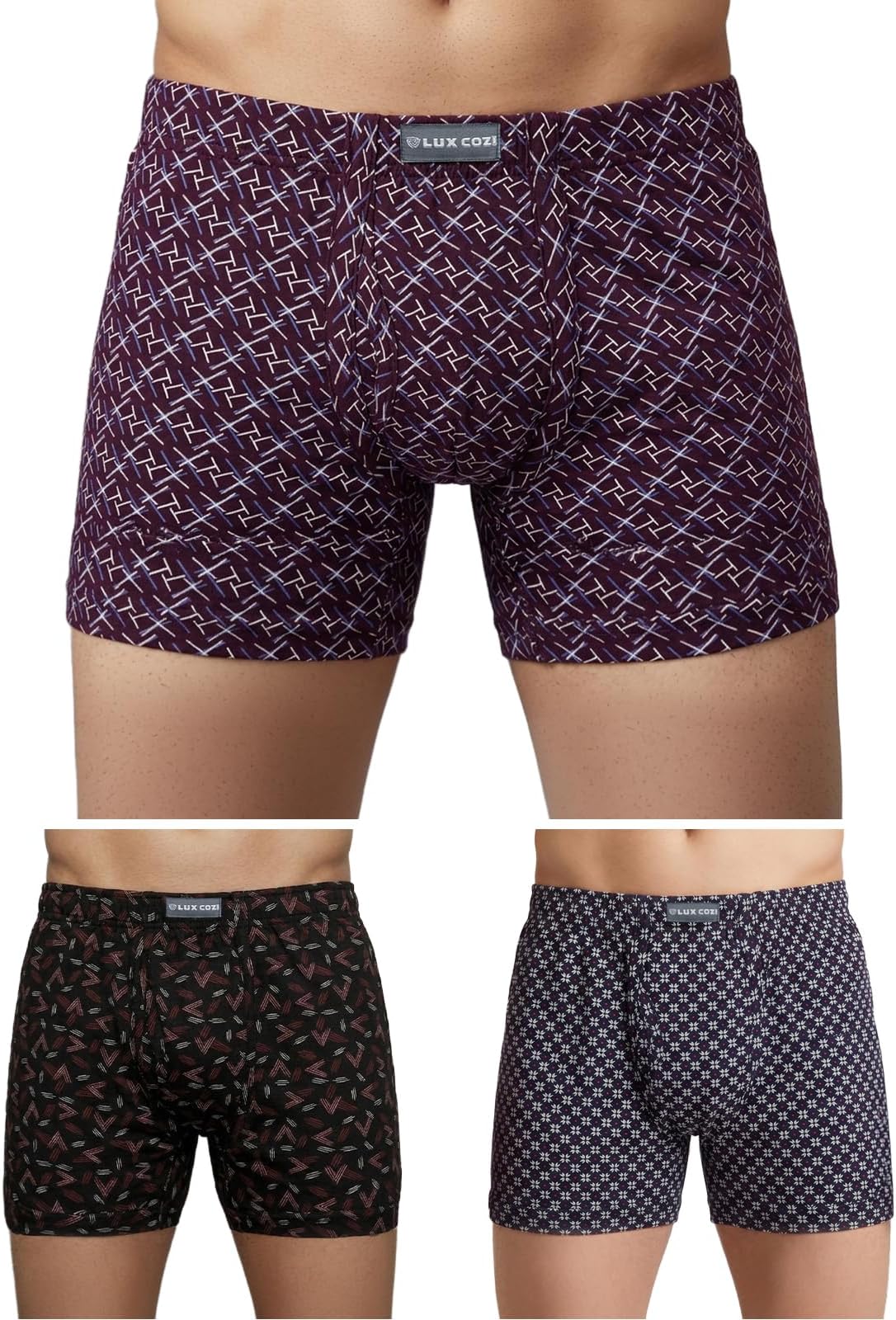 - Men's Cotton Trunk Printed Inner Elastic Long Color and Print May Vary Pack of 3