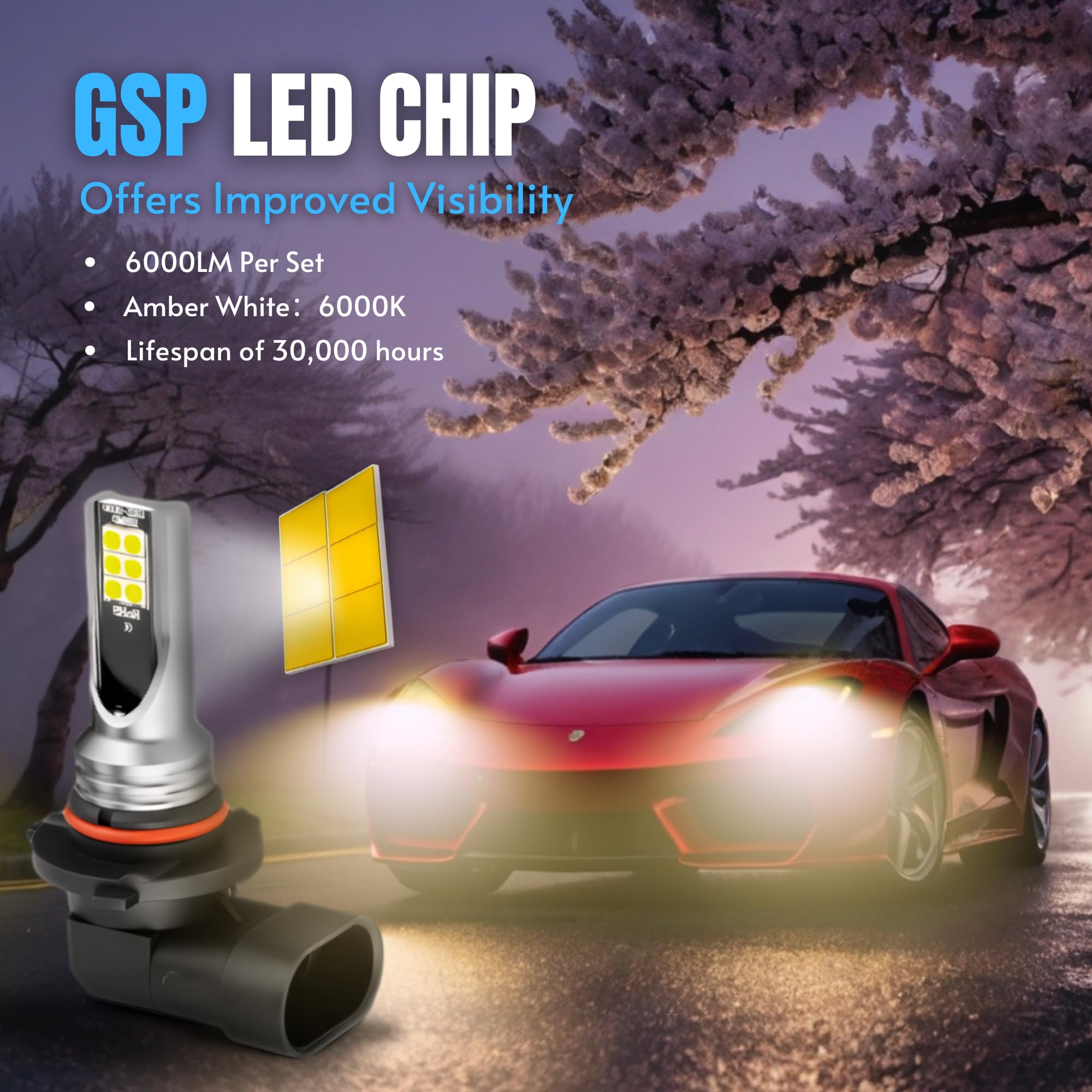 GlideSpark H11/H8/H9 LED Fog Light Bulbs - 6000K Cool White Light, CSP LED Chips Fog Lamps, IP67 Waterproof, Replacement for Cars, Pack of 2