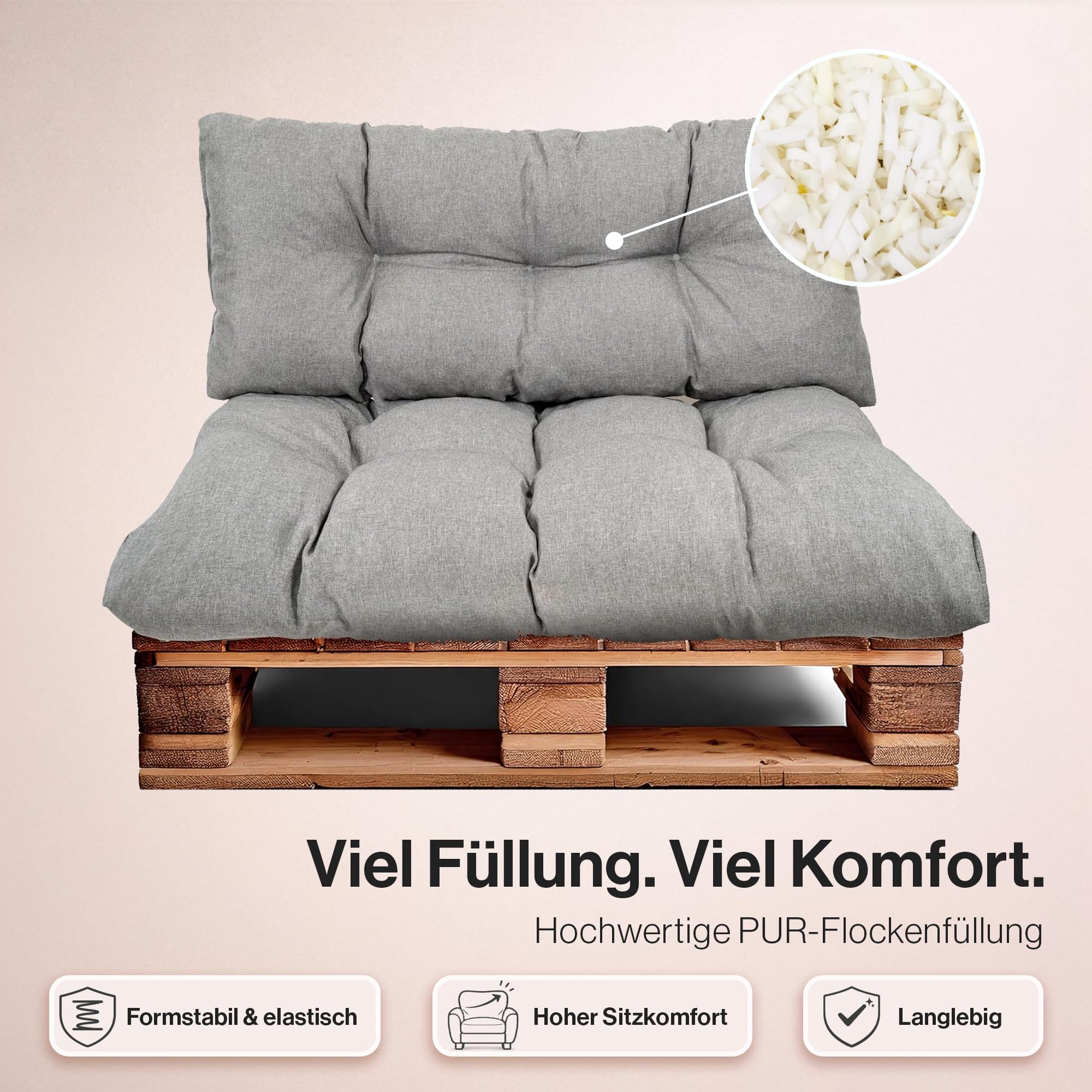 Cojin para palets – cojin de Asiento 120x40cm – cojin Palet Relleno de Espuma de poulirette granulada - en la terraza y en el jardín