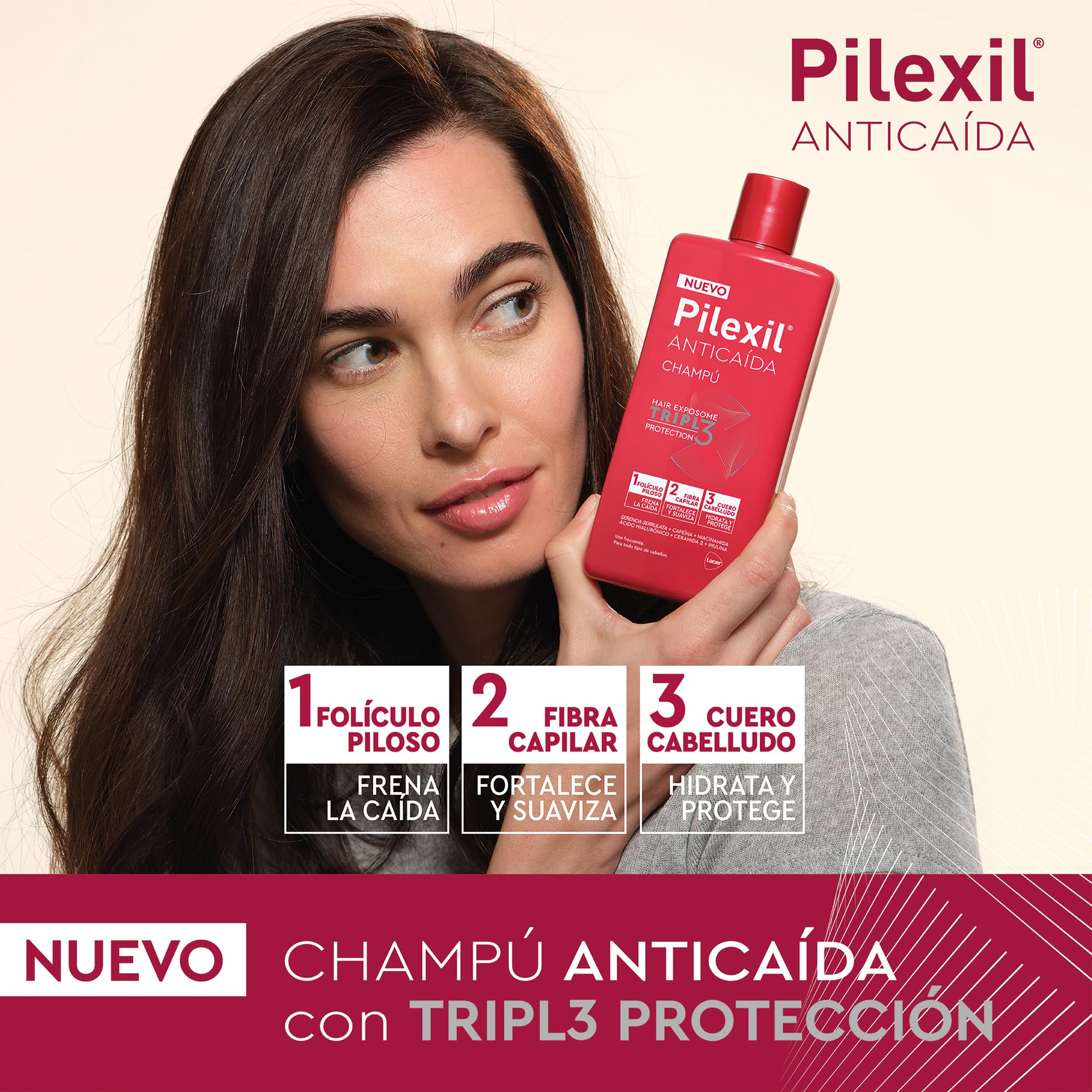 PILEXIL - Champú Anticaída Triple Protection 450 ml - Frena la Caída del Cabello, Fortalece y Suaviza la Fibra Capilar e Hidrata y Protege el Cuero Cabelludo - Para Hombres y Mujeres