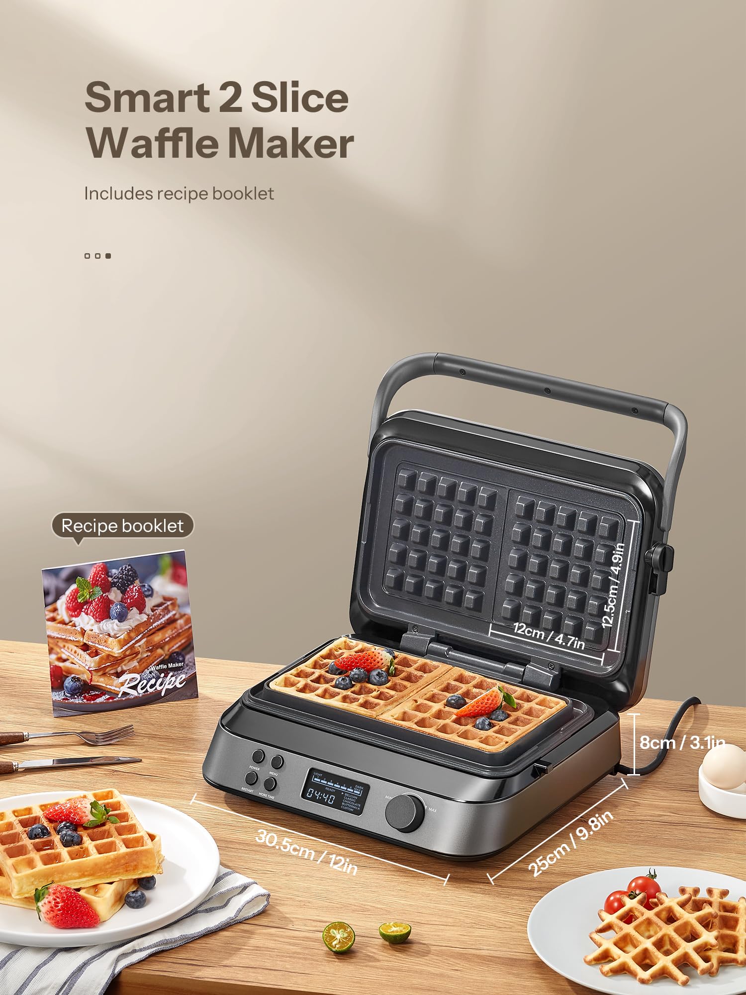 Waffeleisen 1600W, Doppelwaffeleisen für Belgische Waffeln, 5 Programme, 7 Bräunungsstufen, Steuerung über LCD Display, Timer, Praktische Überlaufrille, Edelstahl (Black)