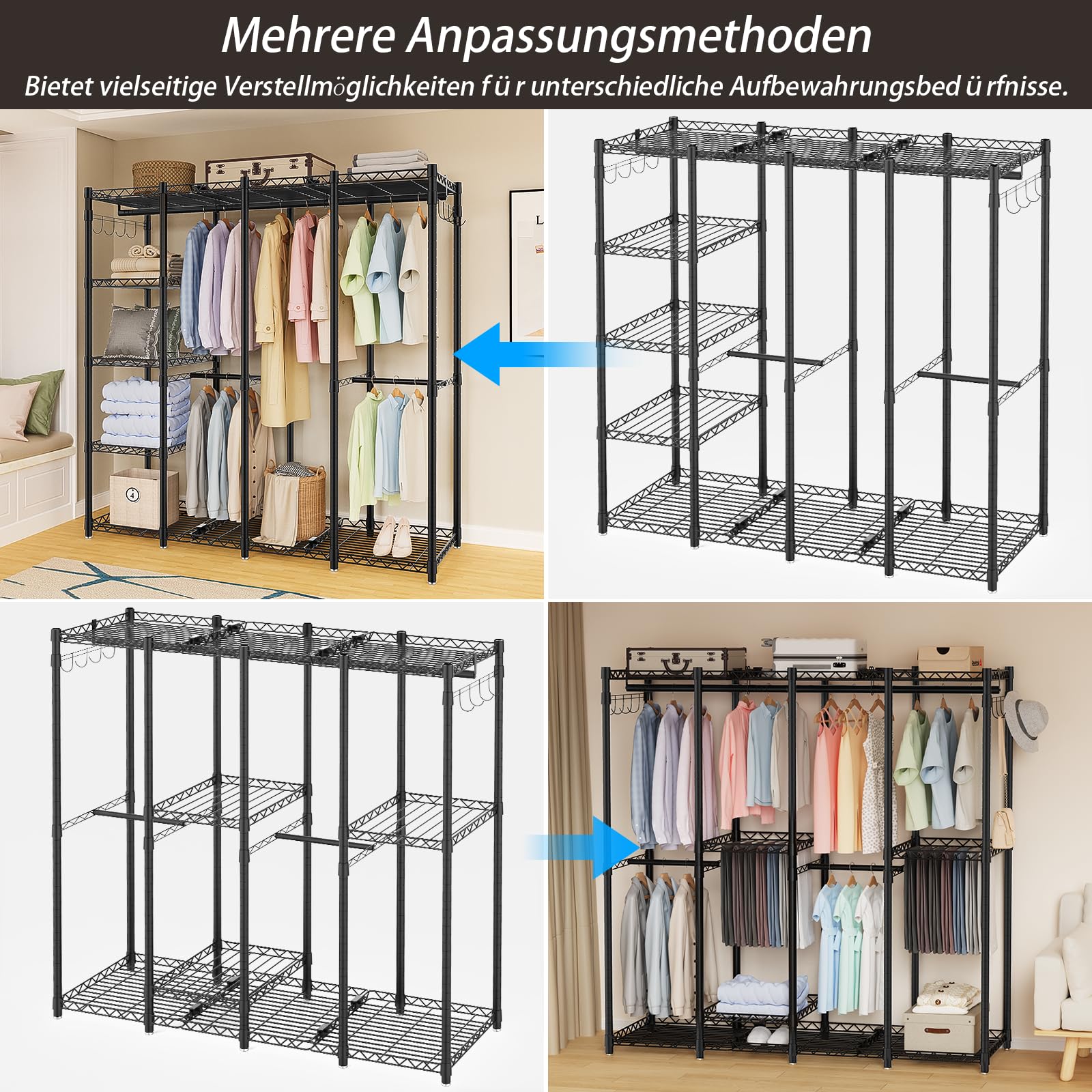 AQRA Offener Kleiderschrank System,Kleiderständer mit 9 Höhenverstellbarem Regalböden und 5 Kleiderstange, Hosenständer, 4 Schichten mit Großem Fassungsvermögen, Schwarz 193.5CM×43.5CM ×195CM
