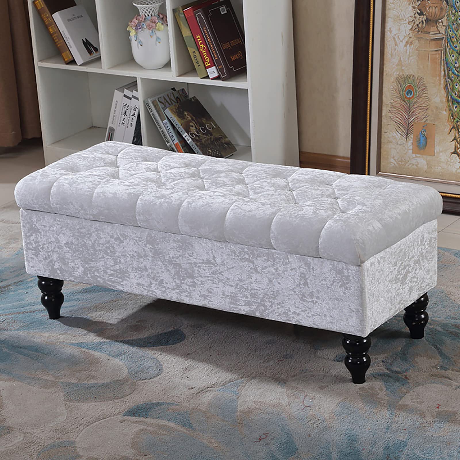 Banco de Almacenamiento tapizado en Terciopelo, otomana Rectangular de Felpa con Patas de Madera, baúl Acolchado con Tapa, Banco de Zapatos, Taburete para pies con Tapa elevable pa
