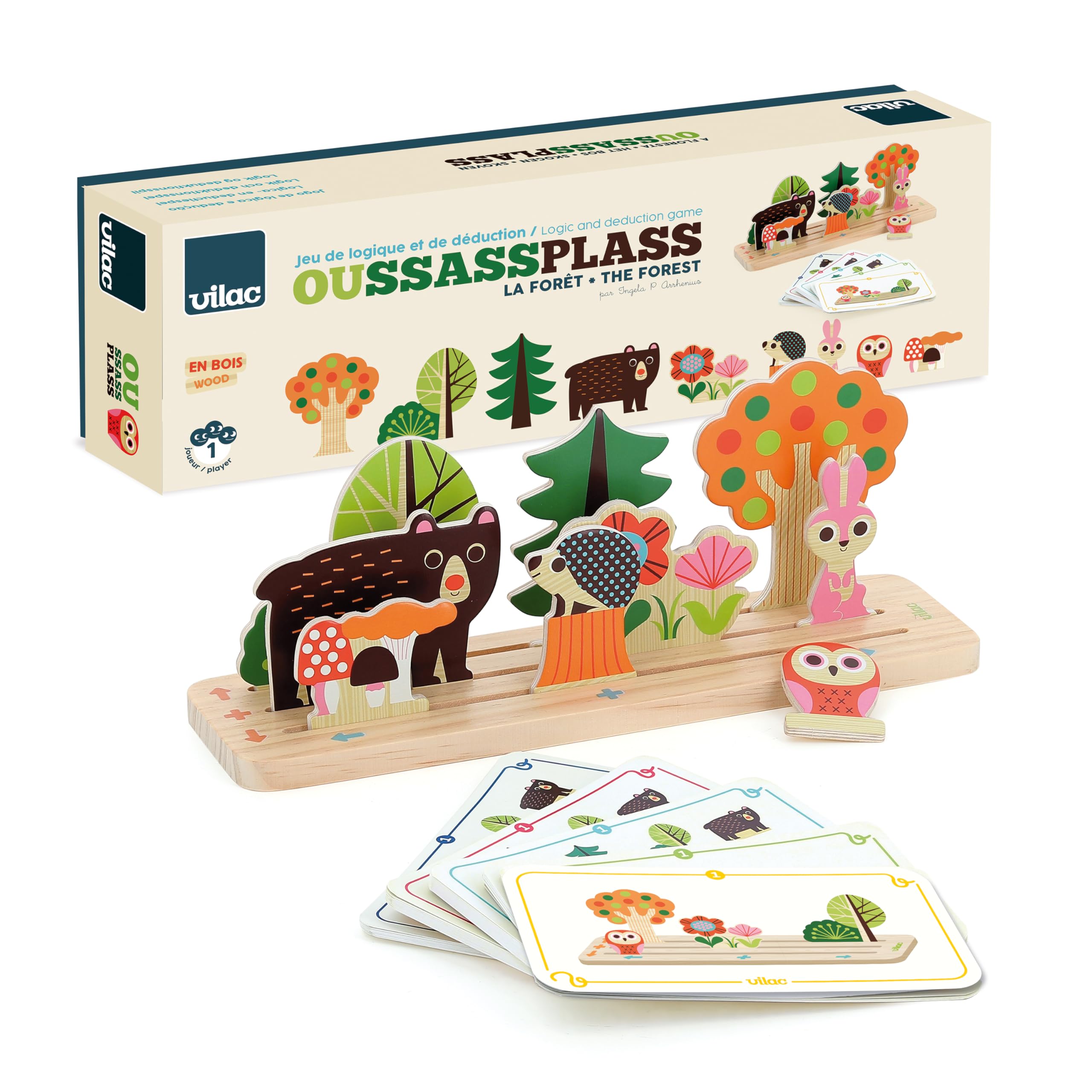 VILAC - Oussassplass La foresta - Ingela P.Arrhenius - 9 pezzi in legno + 60 carte da gioco con livelli di difficoltà evolutivi - Giochi di risveglio per bambini in legno - dai 3 anni - 7634