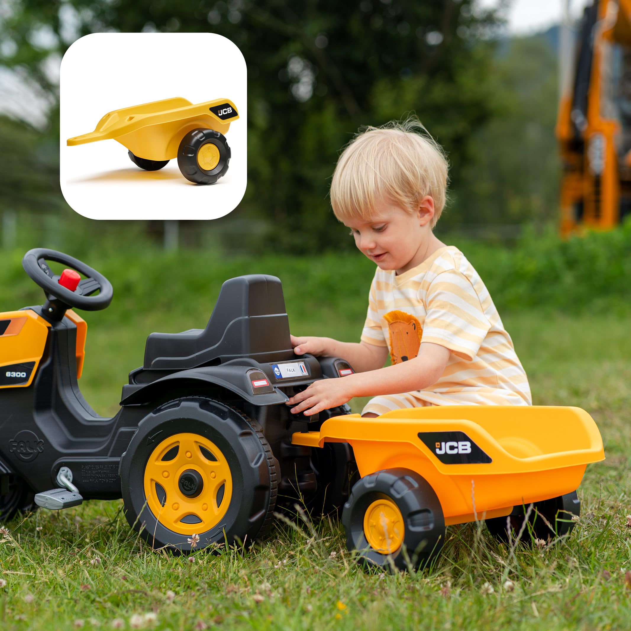 Falk JCB Traktor mit Pedalen für Kinder, mit Anhänger, ab 2 Jahren | Haube zum Öffnen und verstellbarer Sitz